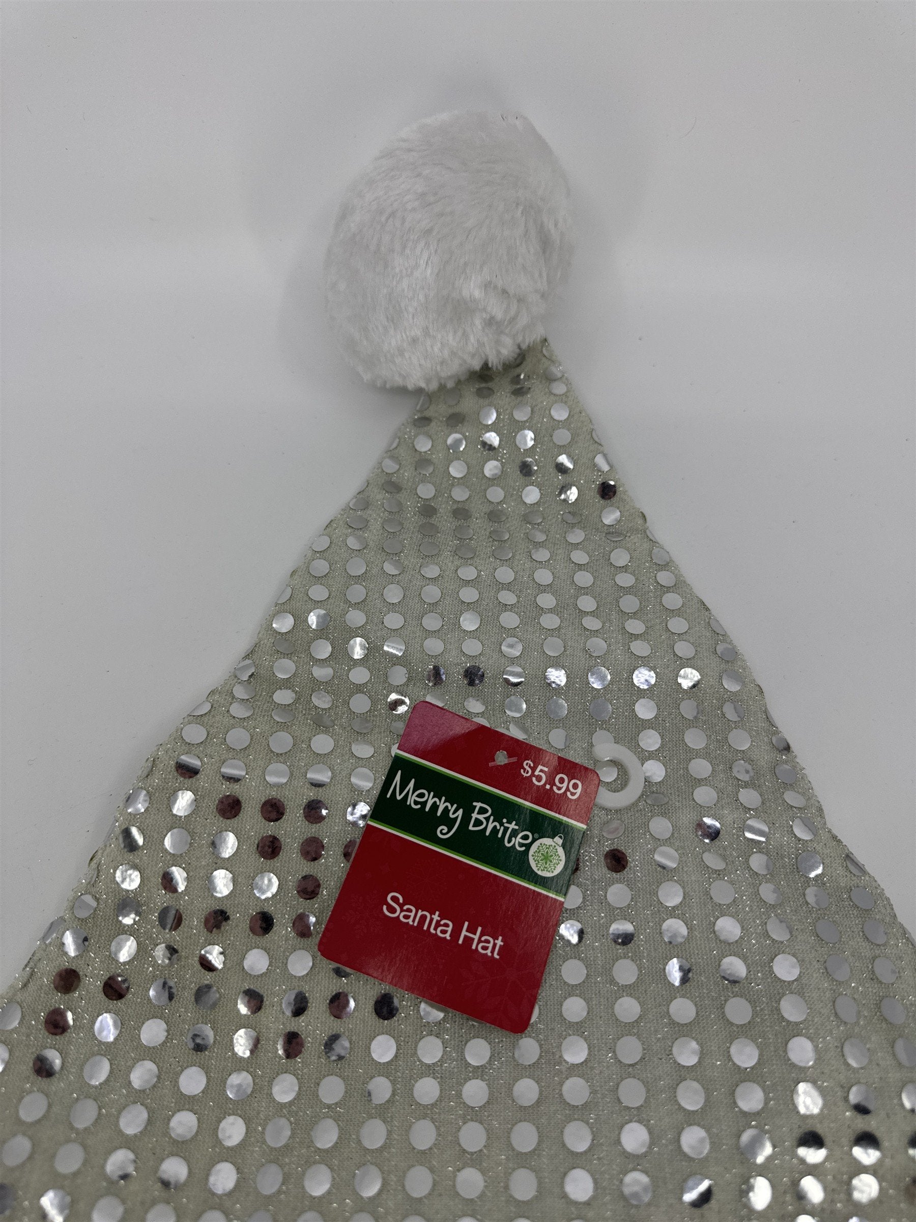 Christmas Santa Clause White And Silver Sequin/Glitter Merry Brite Santa Hat