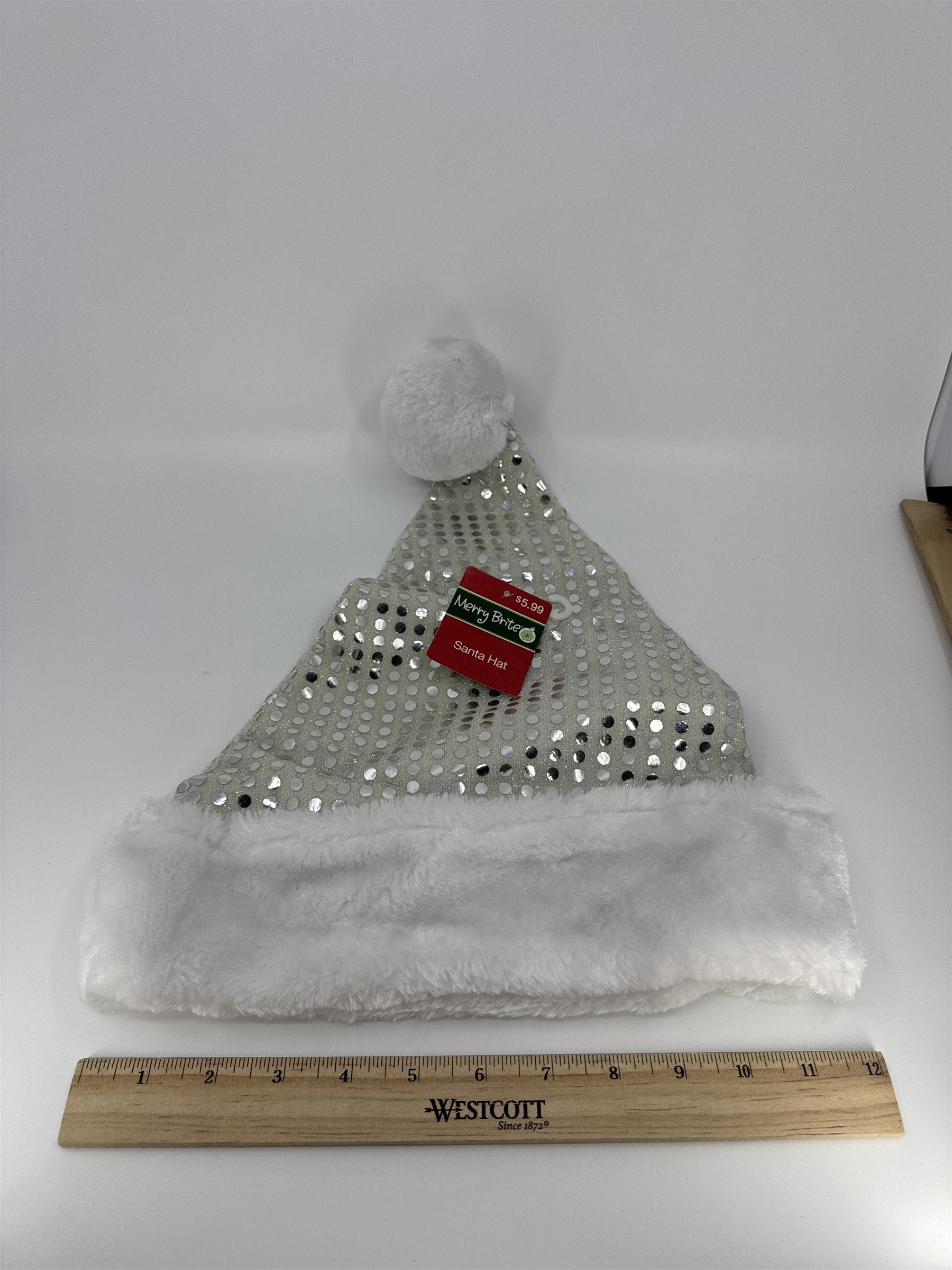 Christmas Santa Clause White And Silver Sequin/Glitter Merry Brite Santa Hat