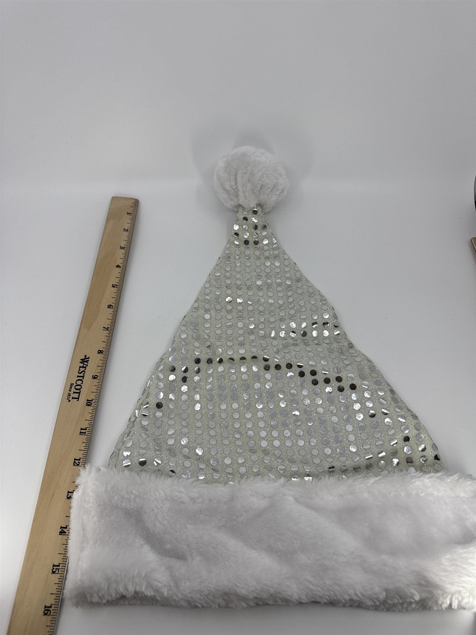 Christmas Santa Clause White And Silver Sequin/Glitter Merry Brite Santa Hat