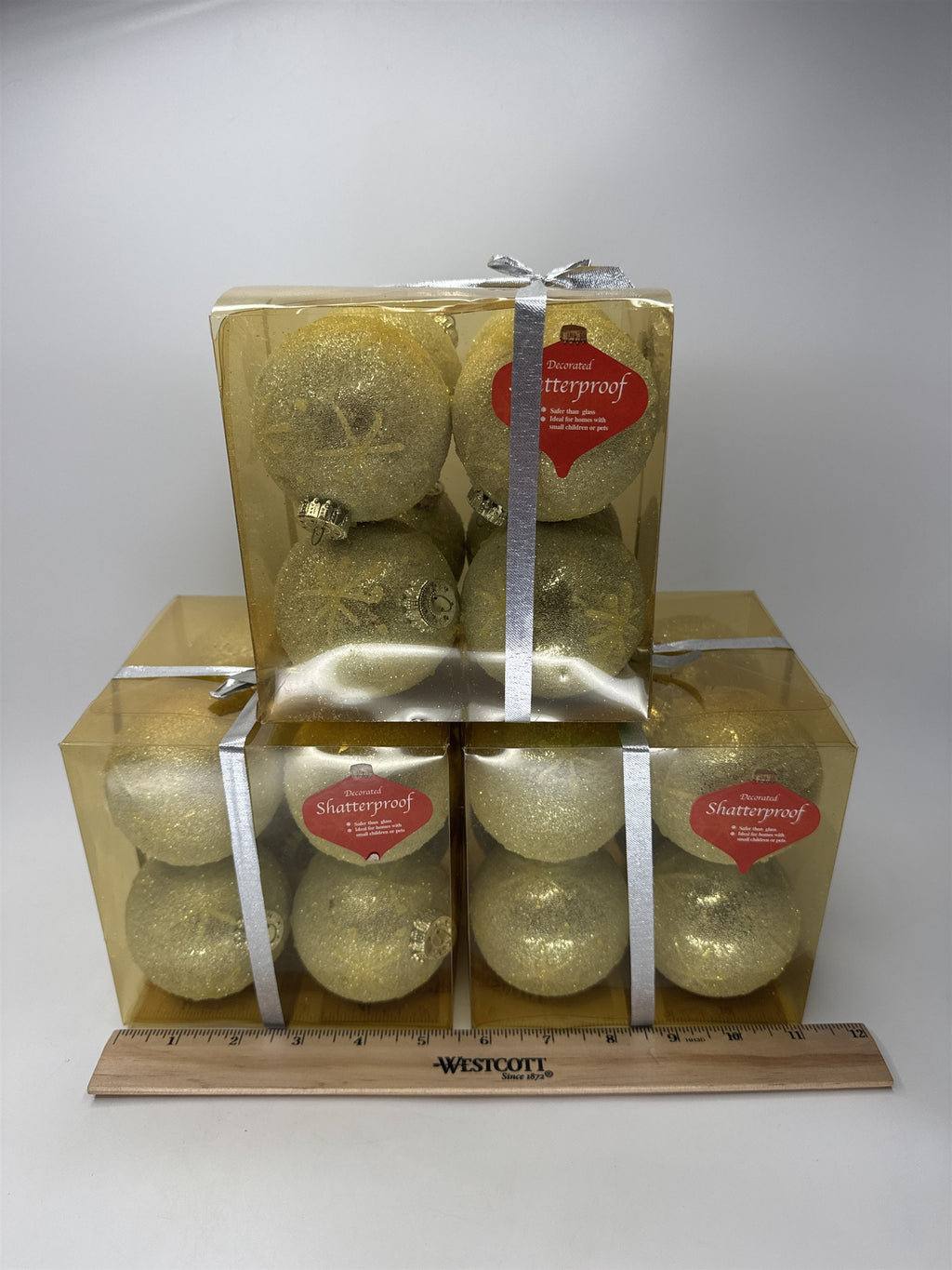 LOT 24 NWT Gold Glitter Christmas Ornaments Shatterproof Plastic Yule Rite Trim