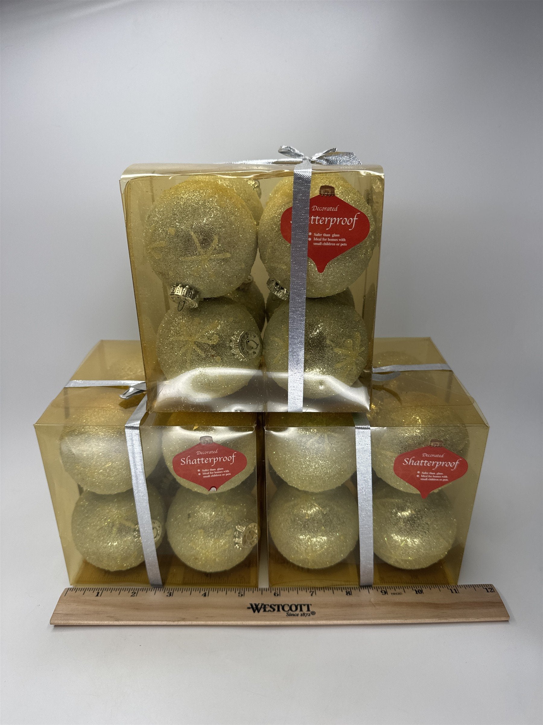 LOT 24 NWT Gold Glitter Christmas Ornaments Shatterproof Plastic Yule Rite Trim