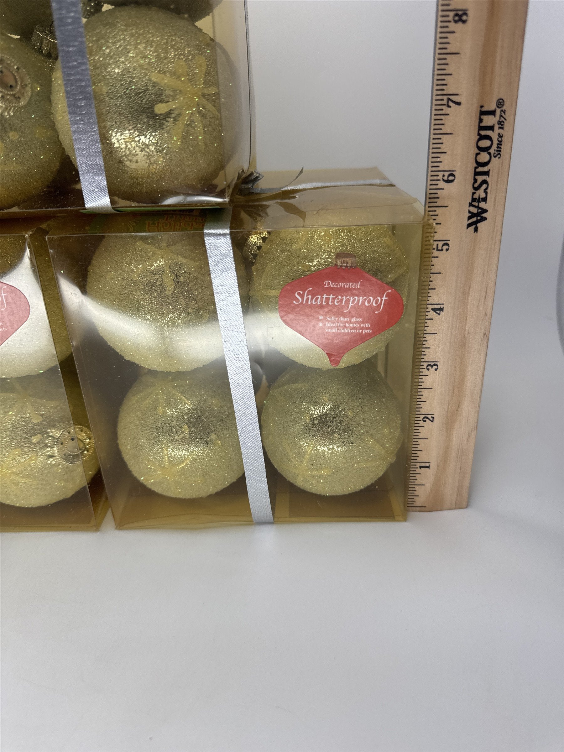 LOT 24 NWT Gold Glitter Christmas Ornaments Shatterproof Plastic Yule Rite Trim