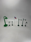 Vintage Model Train Platform Post Flag Lot Green Street Lights 7pc