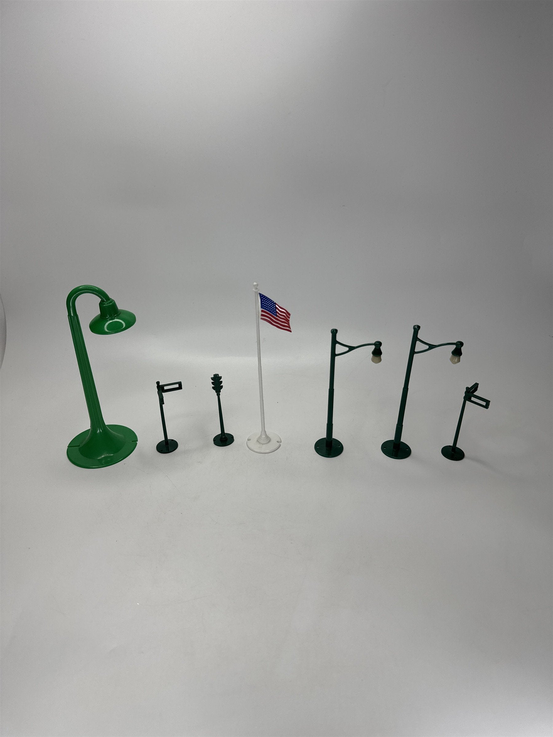 Vintage Model Train Platform Post Flag Lot Green Street Lights 7pc