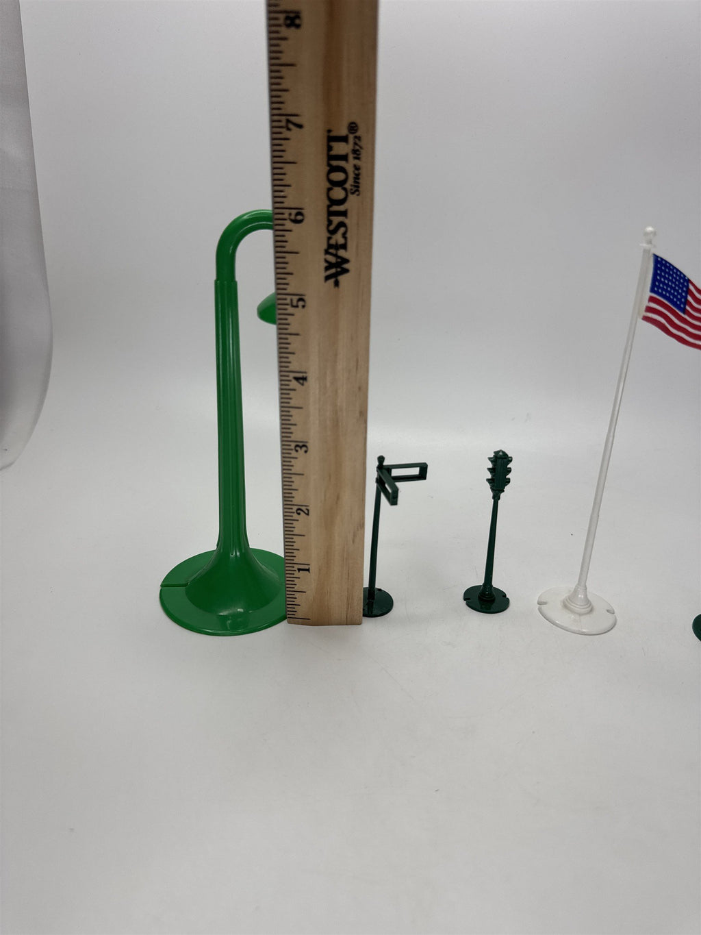 Vintage Model Train Platform Post Flag Lot Green Street Lights 7pc