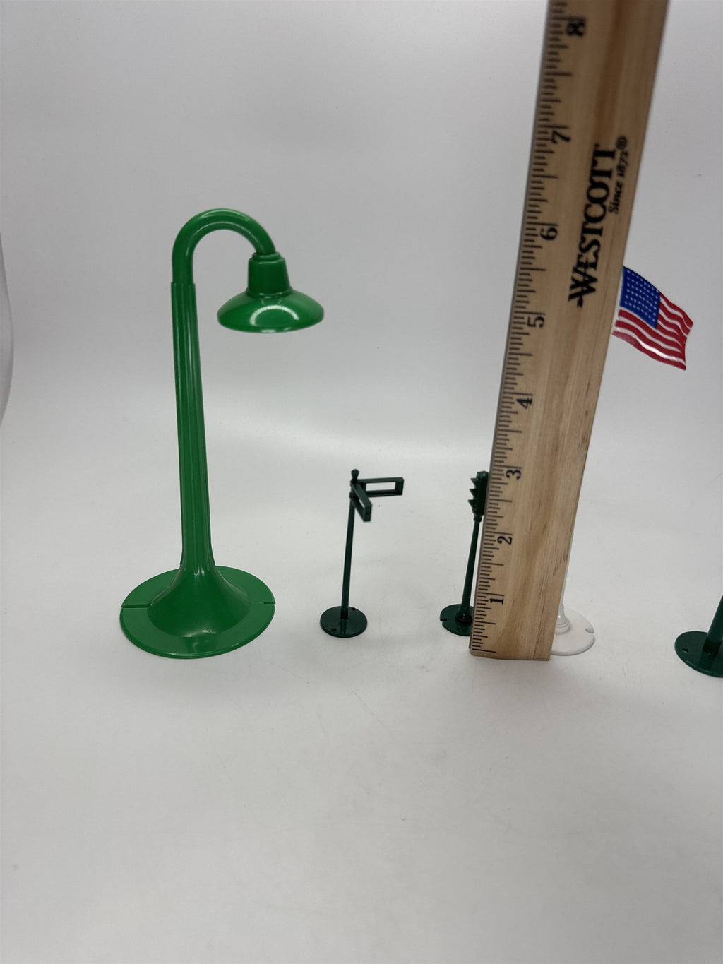 Vintage Model Train Platform Post Flag Lot Green Street Lights 7pc