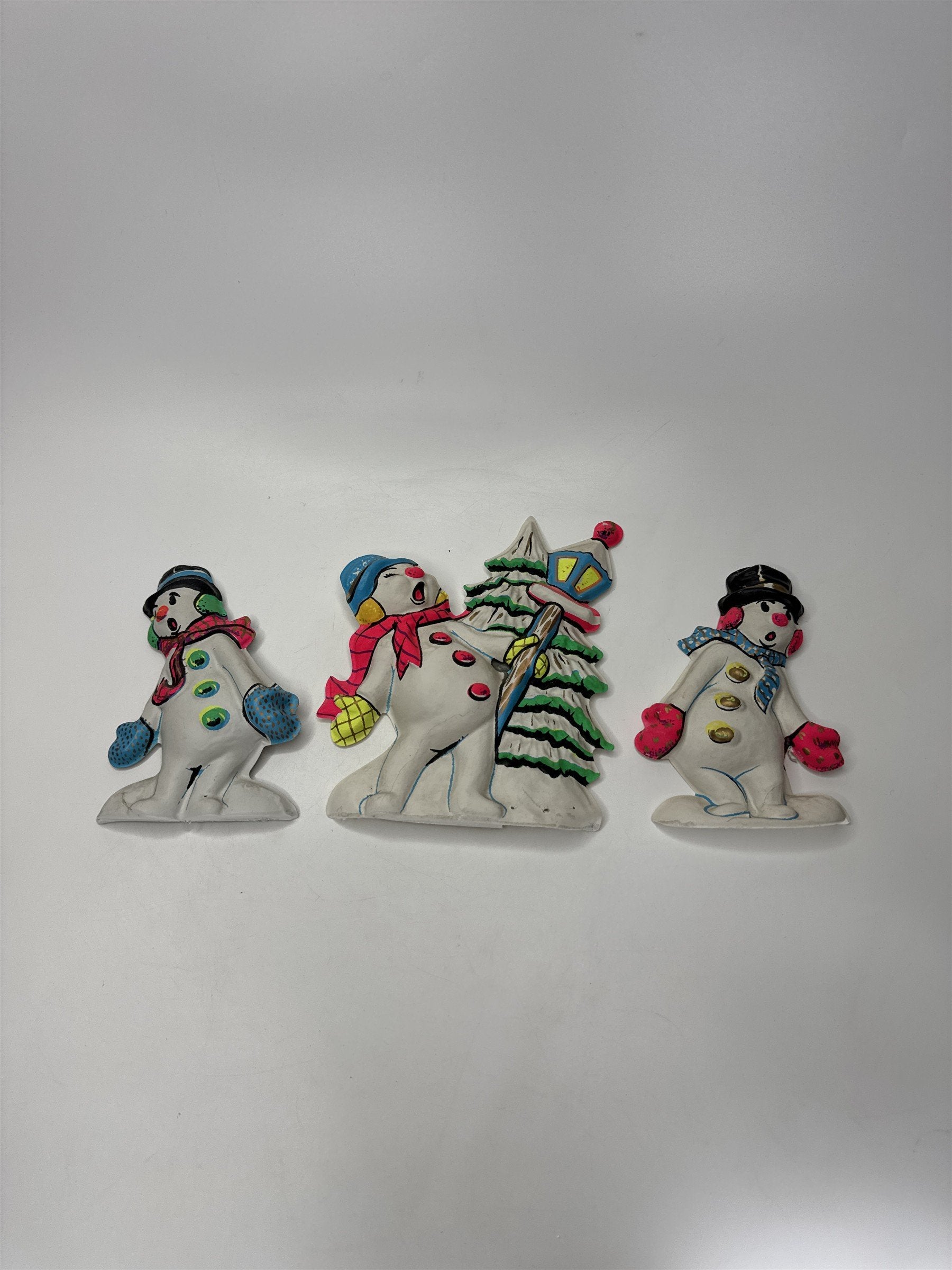 Vintage Plastic Snowman Decor Figures Lot 3 Thin Plastic Christmas Shelf Sitters