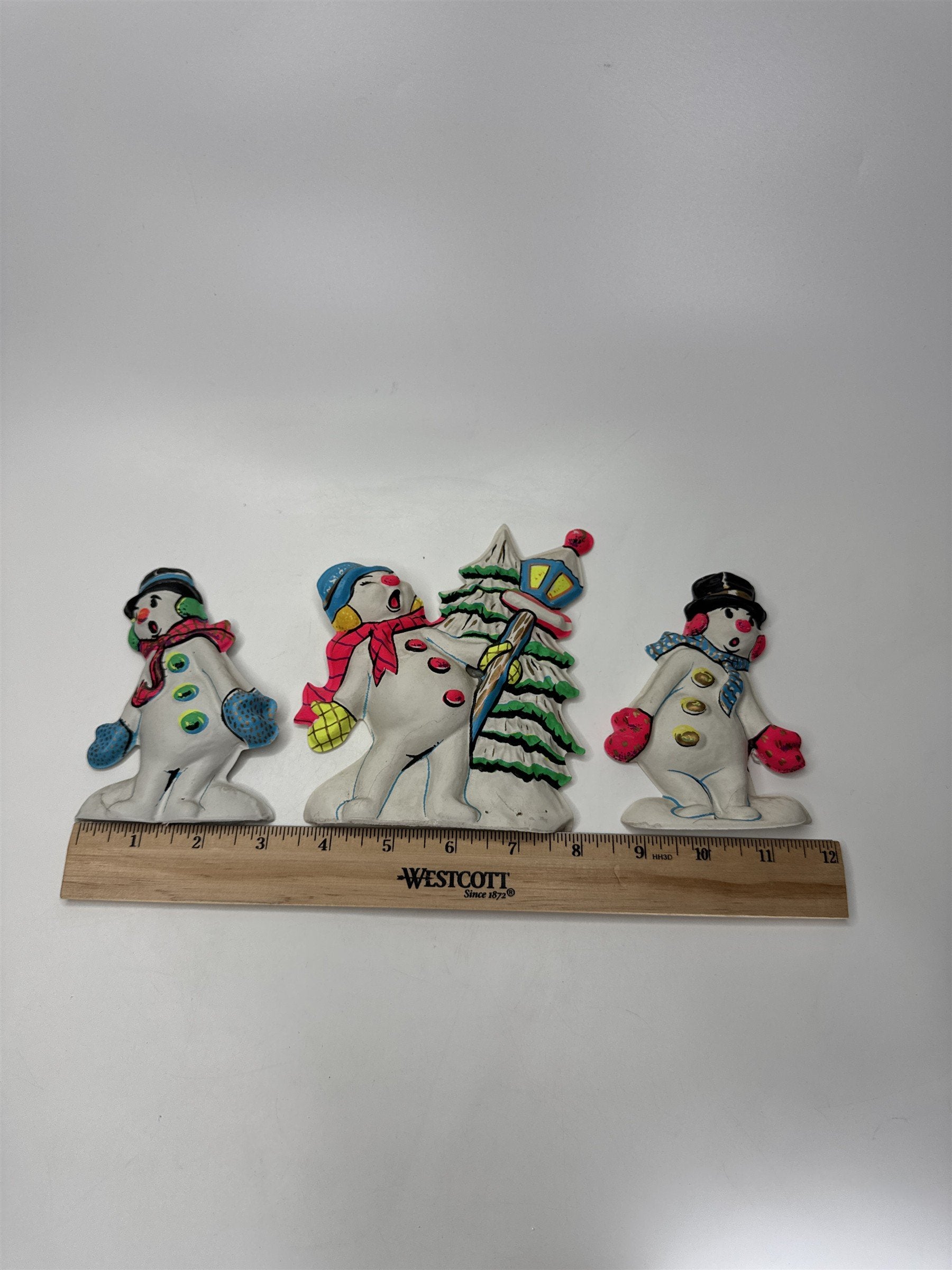 Vintage Plastic Snowman Decor Figures Lot 3 Thin Plastic Christmas Shelf Sitters
