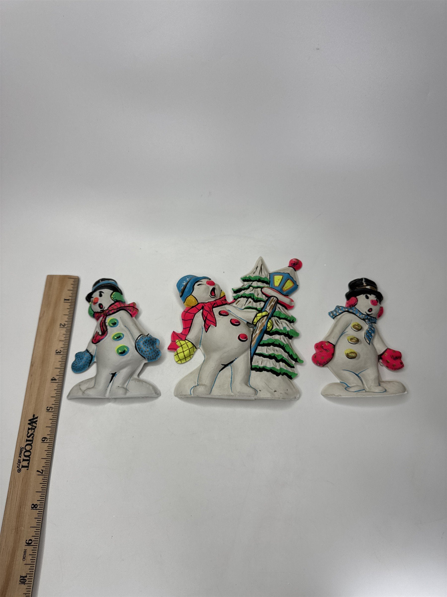 Vintage Plastic Snowman Decor Figures Lot 3 Thin Plastic Christmas Shelf Sitters