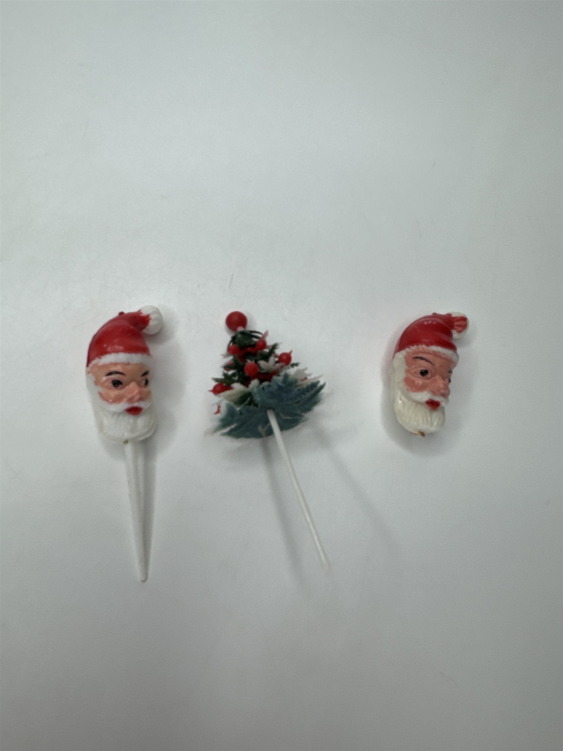 Lot 3 Vtg Santa Head Christmas Tree Cake Topper Picks Wax Head 1950s