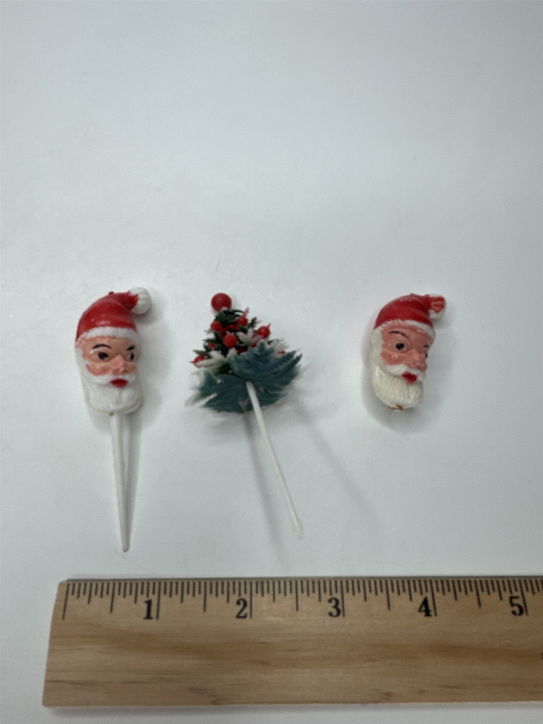 Lot 3 Vtg Santa Head Christmas Tree Cake Topper Picks Wax Head 1950s