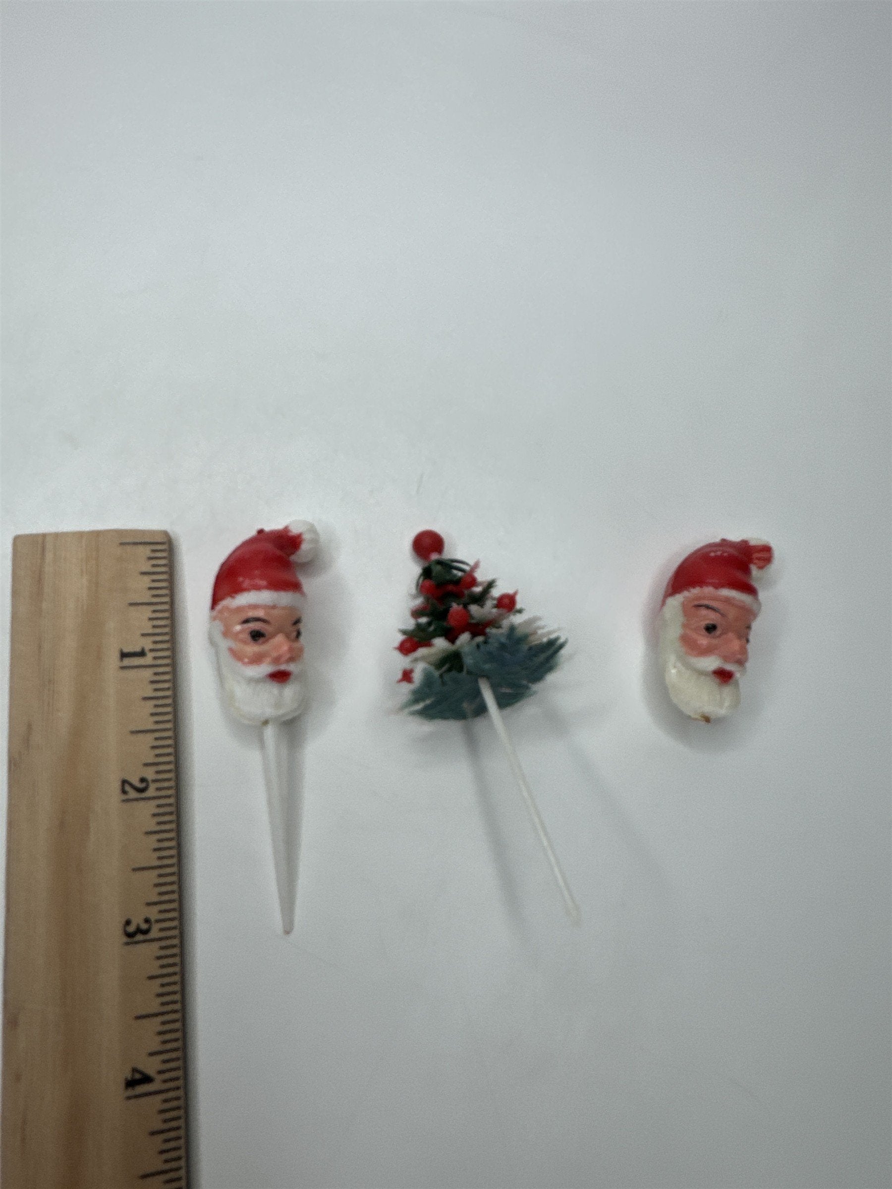 Lot 3 Vtg Santa Head Christmas Tree Cake Topper Picks Wax Head 1950s