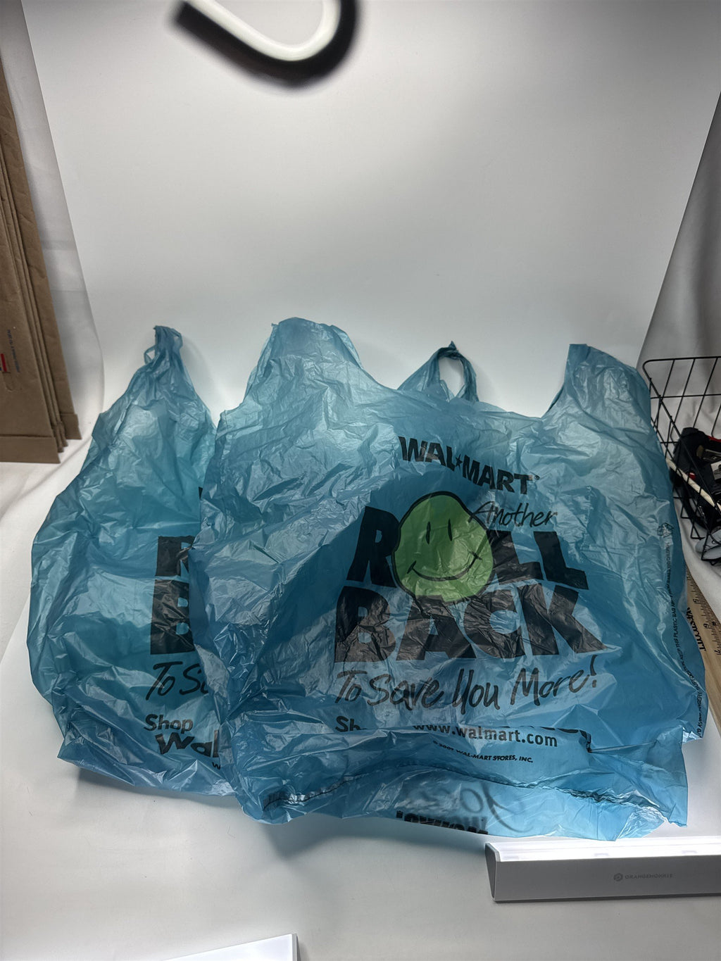 Lot 2 Vtg Walmart Rollback Blue Shopping Bags Plastic Grocer Memorabilia