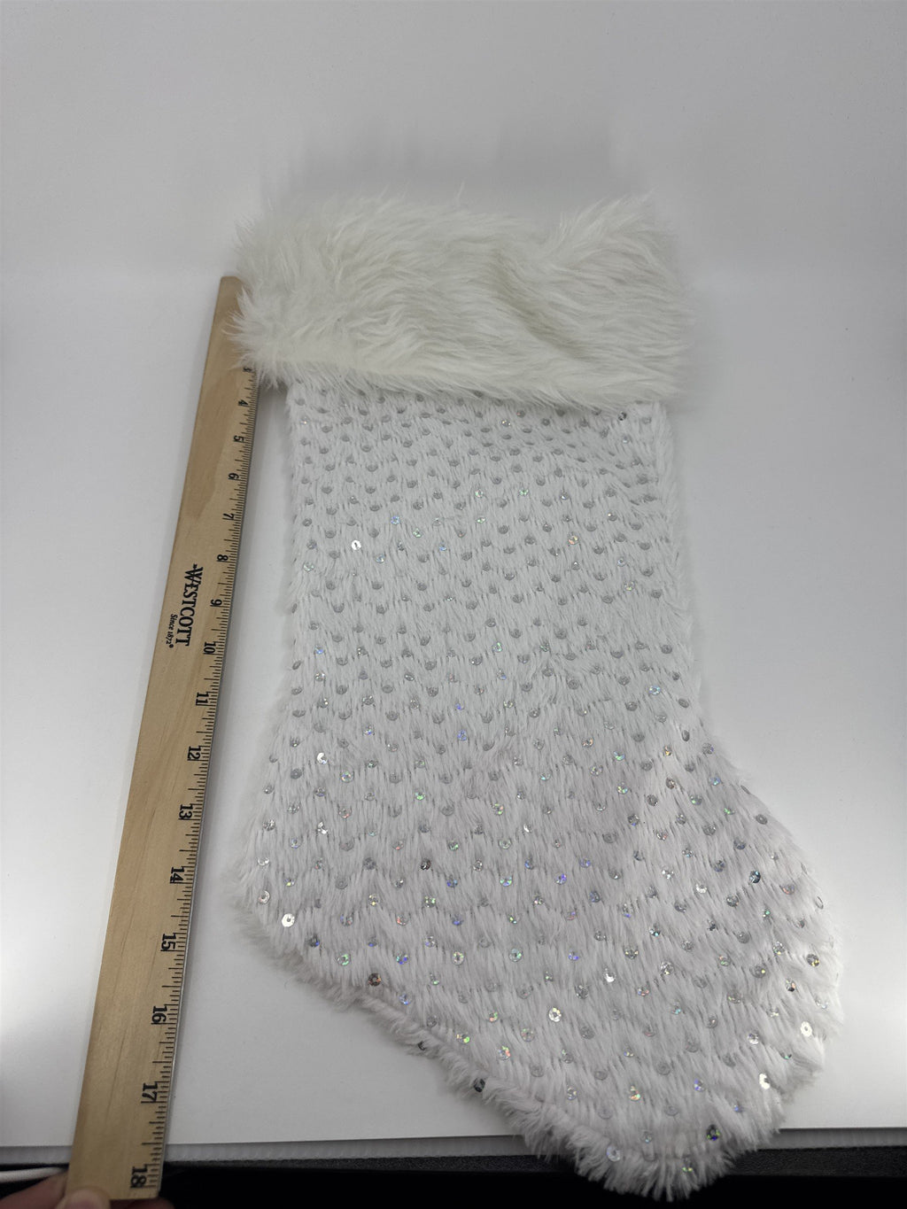 White Christmas Stocking W/ Silver Sequins Holiday Goodie Stocking