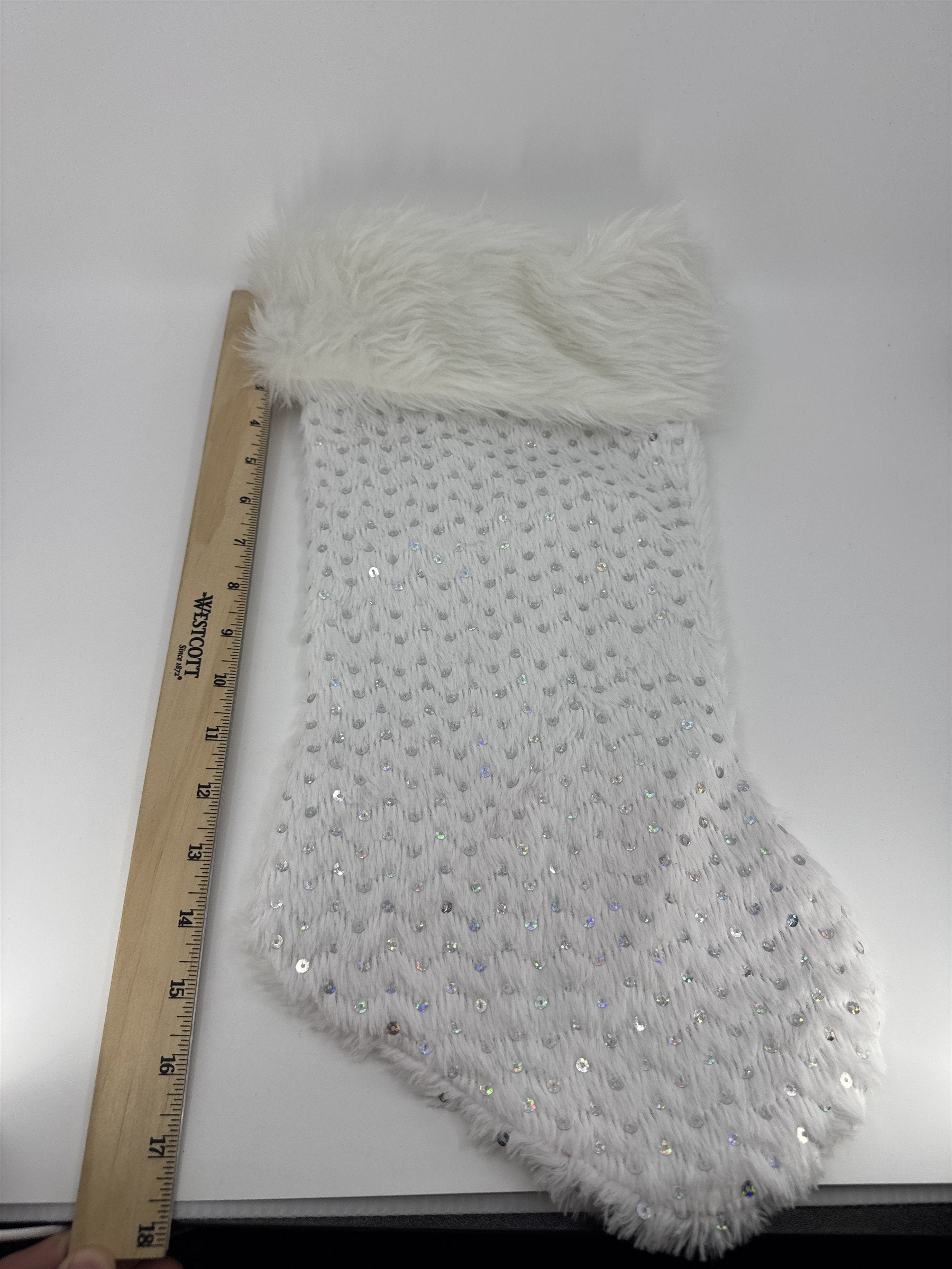 White Christmas Stocking W/ Silver Sequins Holiday Goodie Stocking