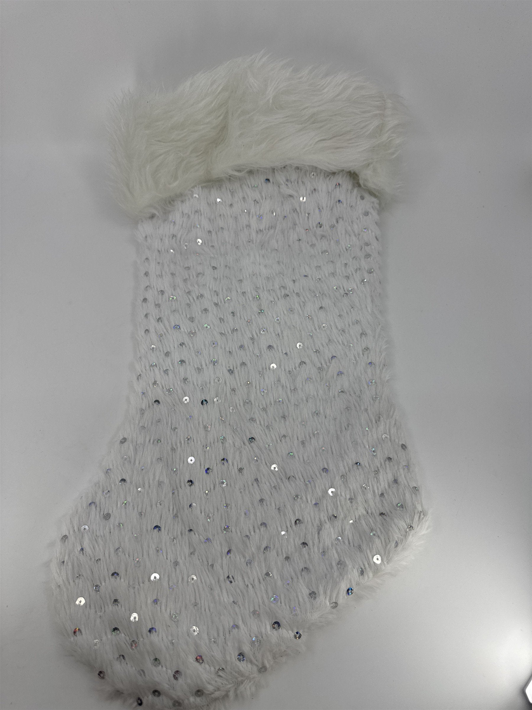 White Christmas Stocking W/ Silver Sequins Holiday Goodie Stocking