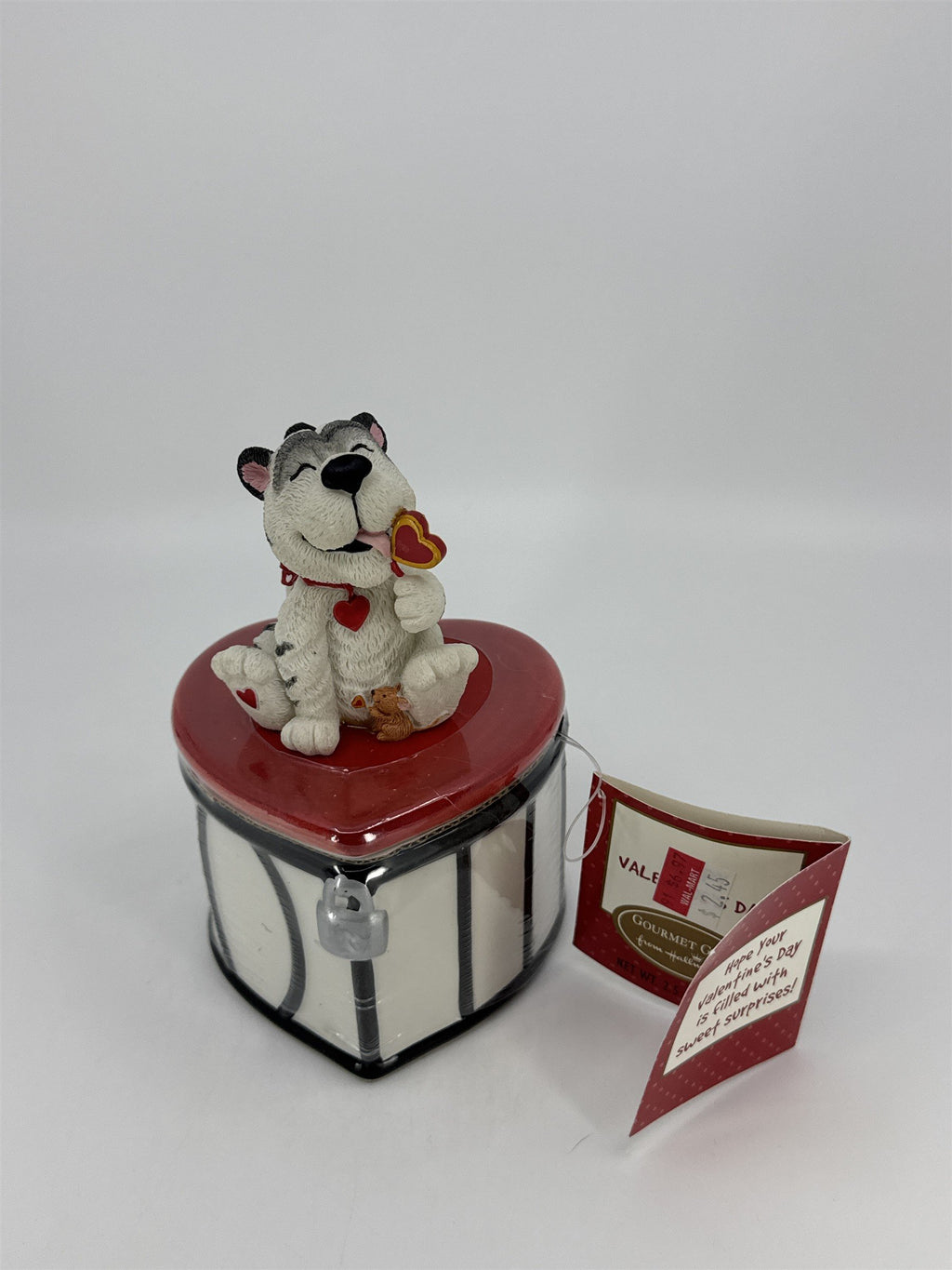 Vintage Hallmark Valentine's Day Cat Heart Lock Candy Trinket Box W/ Tag
