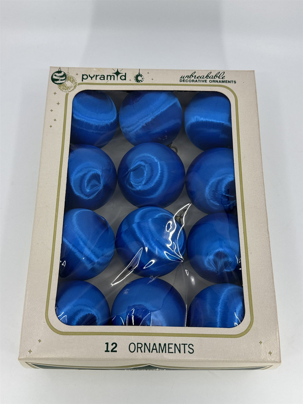 12 Vintage Blue Pyramid Satin Sheen Unbreakable Christmas Ornaments