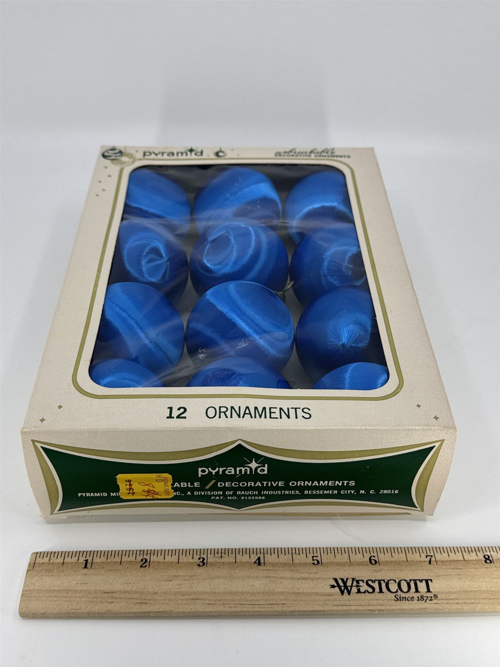 12 Vintage Blue Pyramid Satin Sheen Unbreakable Christmas Ornaments