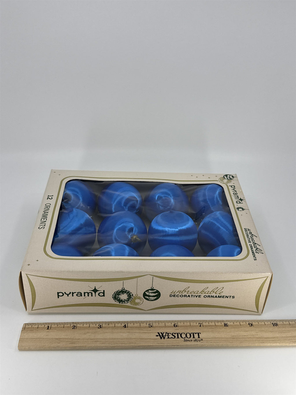 12 Vintage Blue Pyramid Satin Sheen Unbreakable Christmas Ornaments