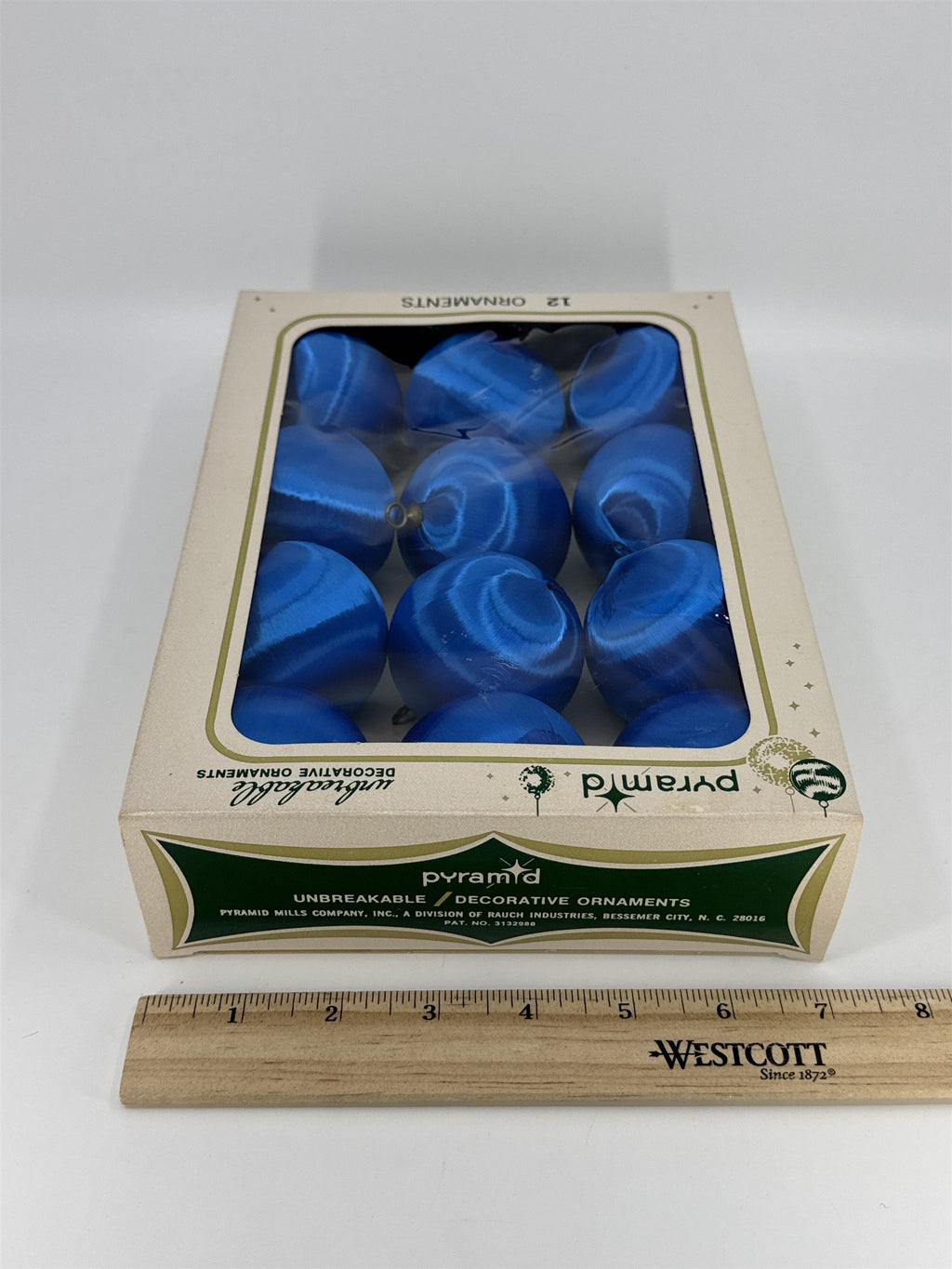 12 Vintage Blue Pyramid Satin Sheen Unbreakable Christmas Ornaments