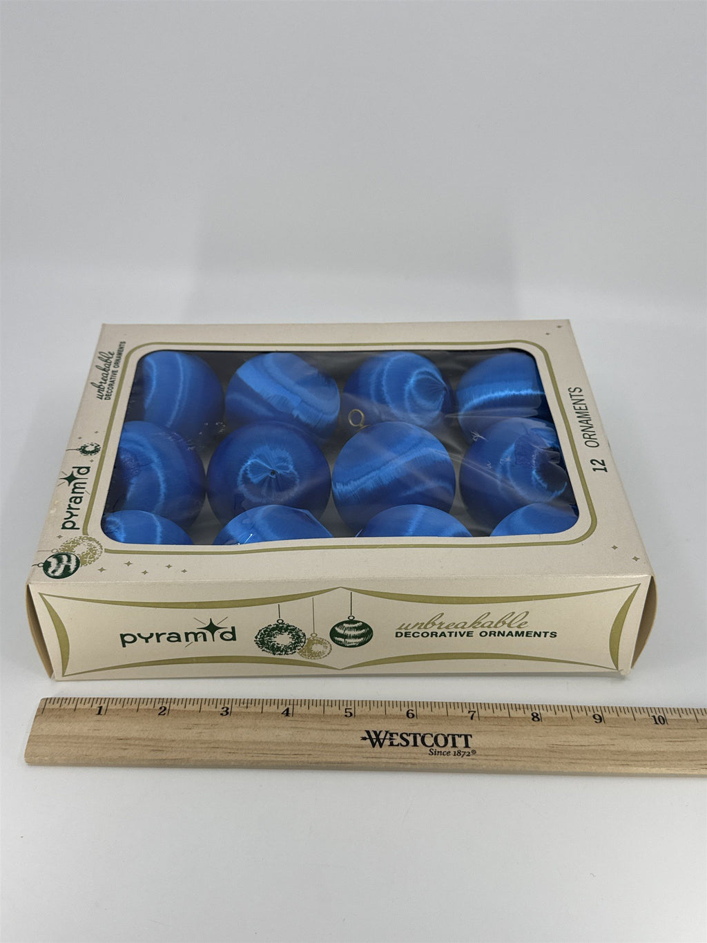 12 Vintage Blue Pyramid Satin Sheen Unbreakable Christmas Ornaments