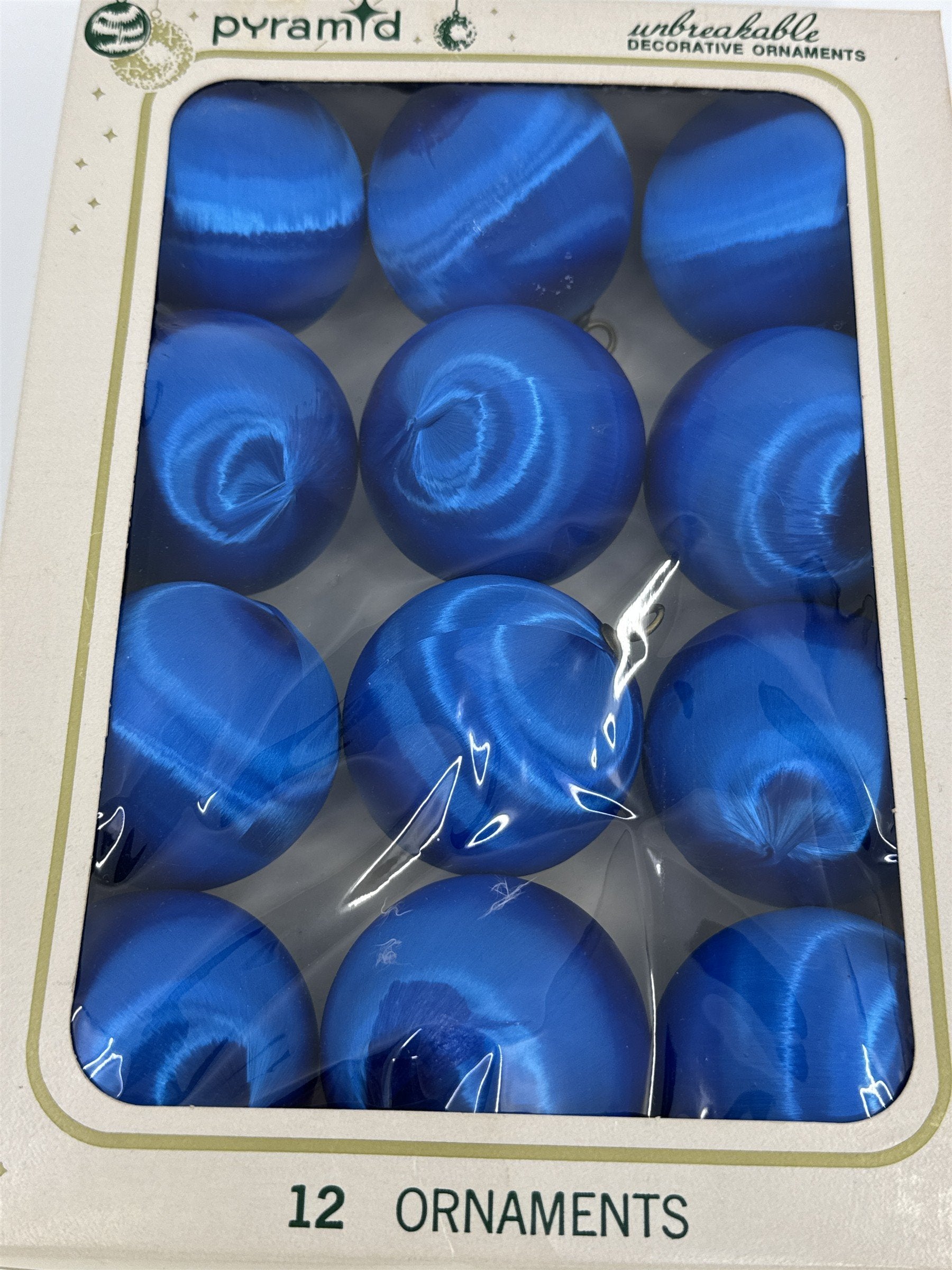12 Vintage Blue Pyramid Satin Sheen Unbreakable Christmas Ornaments