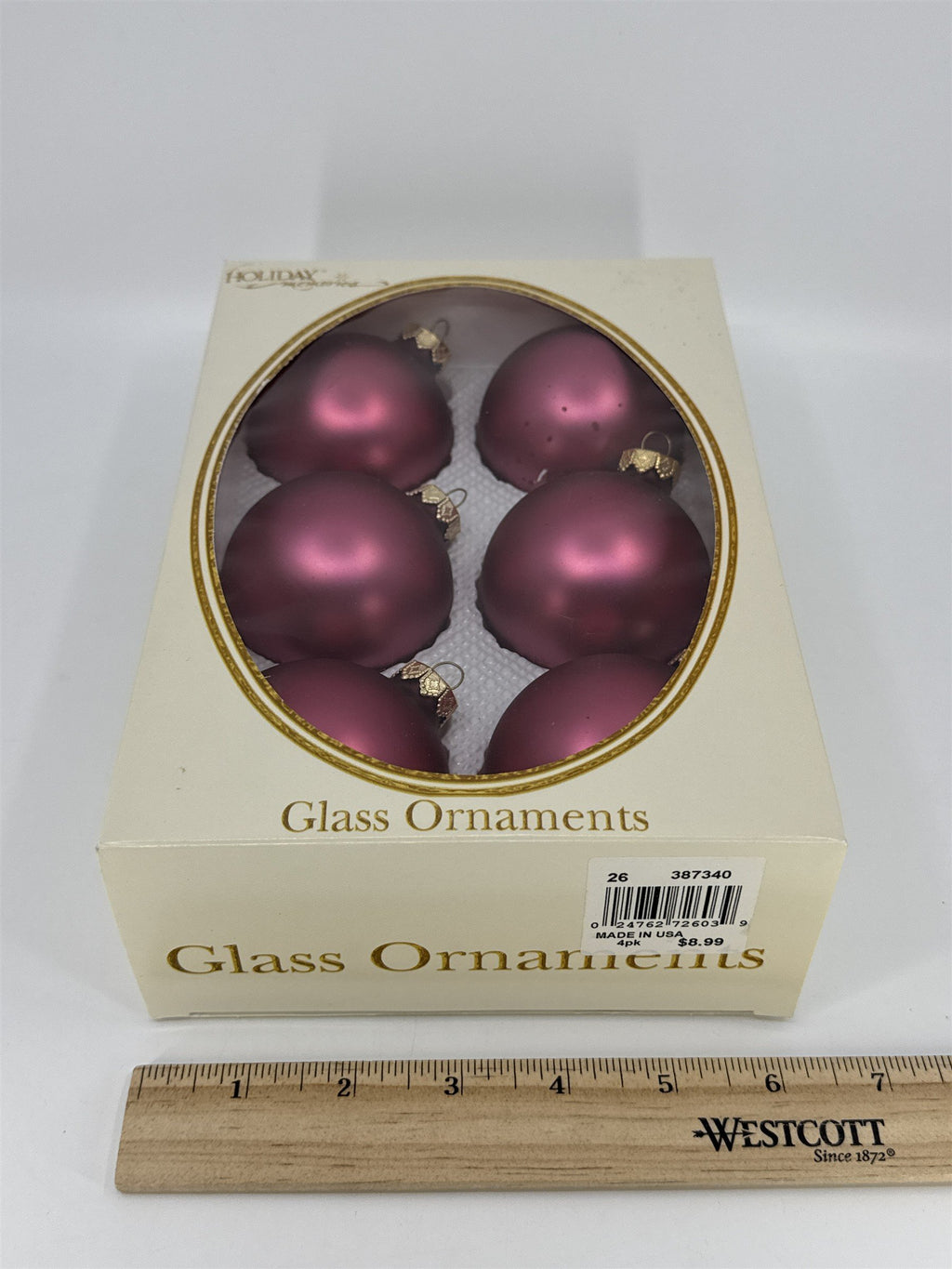 6 Vintage Pink Glass Christmas Ornaments W/ Gold Toned Caps by Holiday Memories