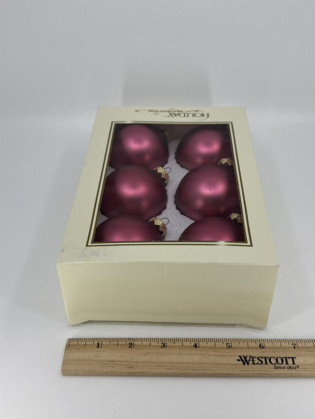 6 Vintage Pink Glass Christmas Ornaments W/ Gold Toned Caps by Holiday Memories
