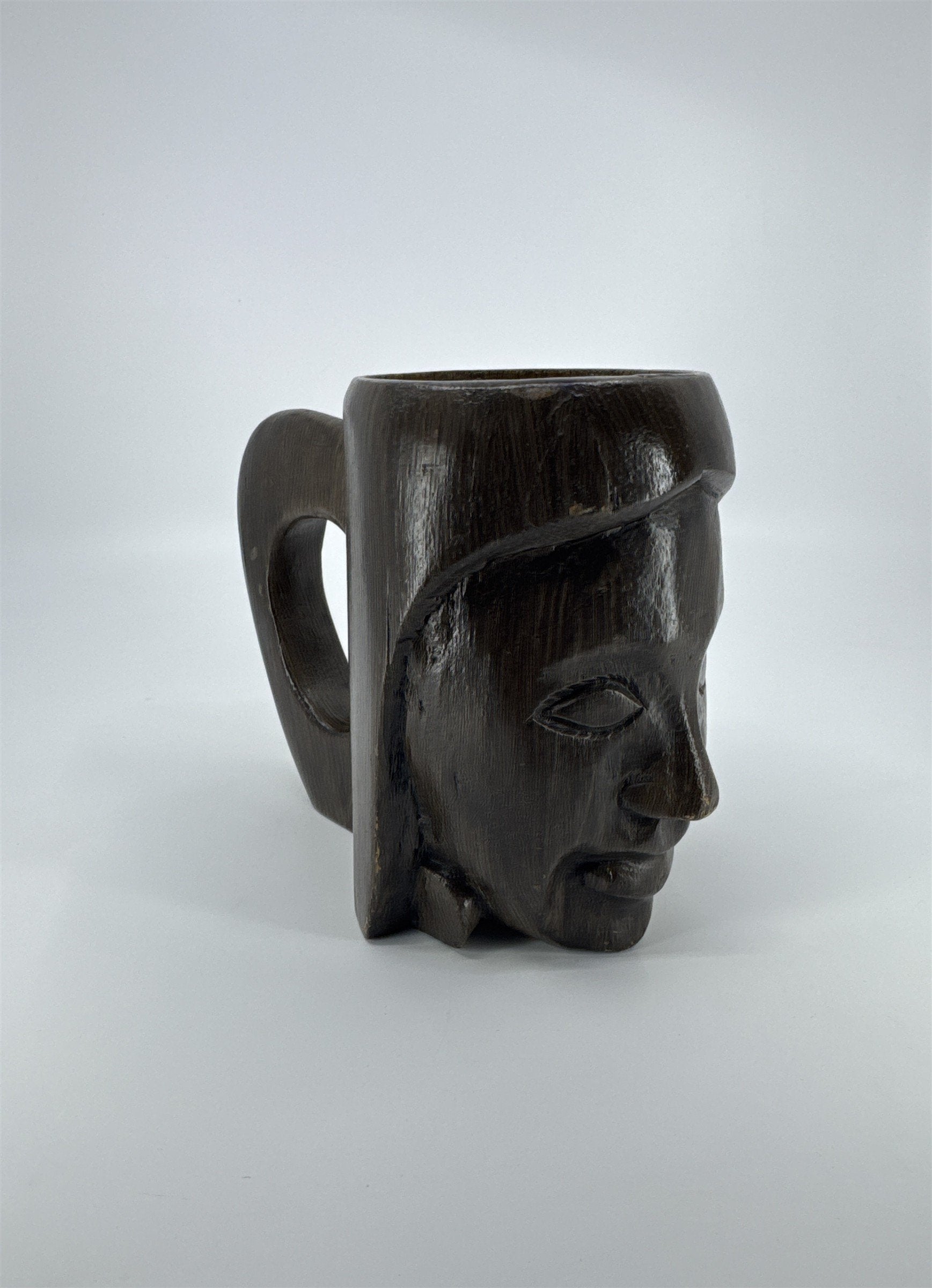 Vintage Wood Carved Tiki Face Coffee Mug Drinking Cup
