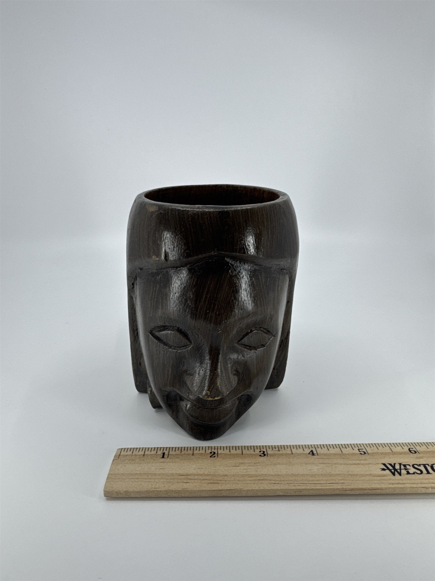 Vintage Wood Carved Tiki Face Coffee Mug Drinking Cup