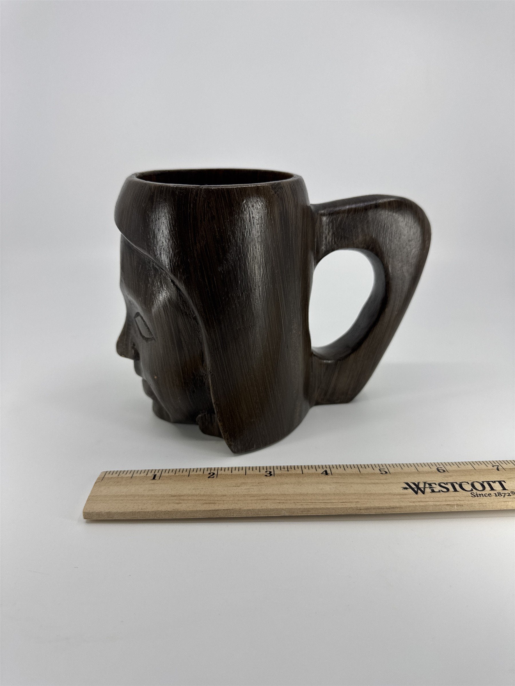 Vintage Wood Carved Tiki Face Coffee Mug Drinking Cup
