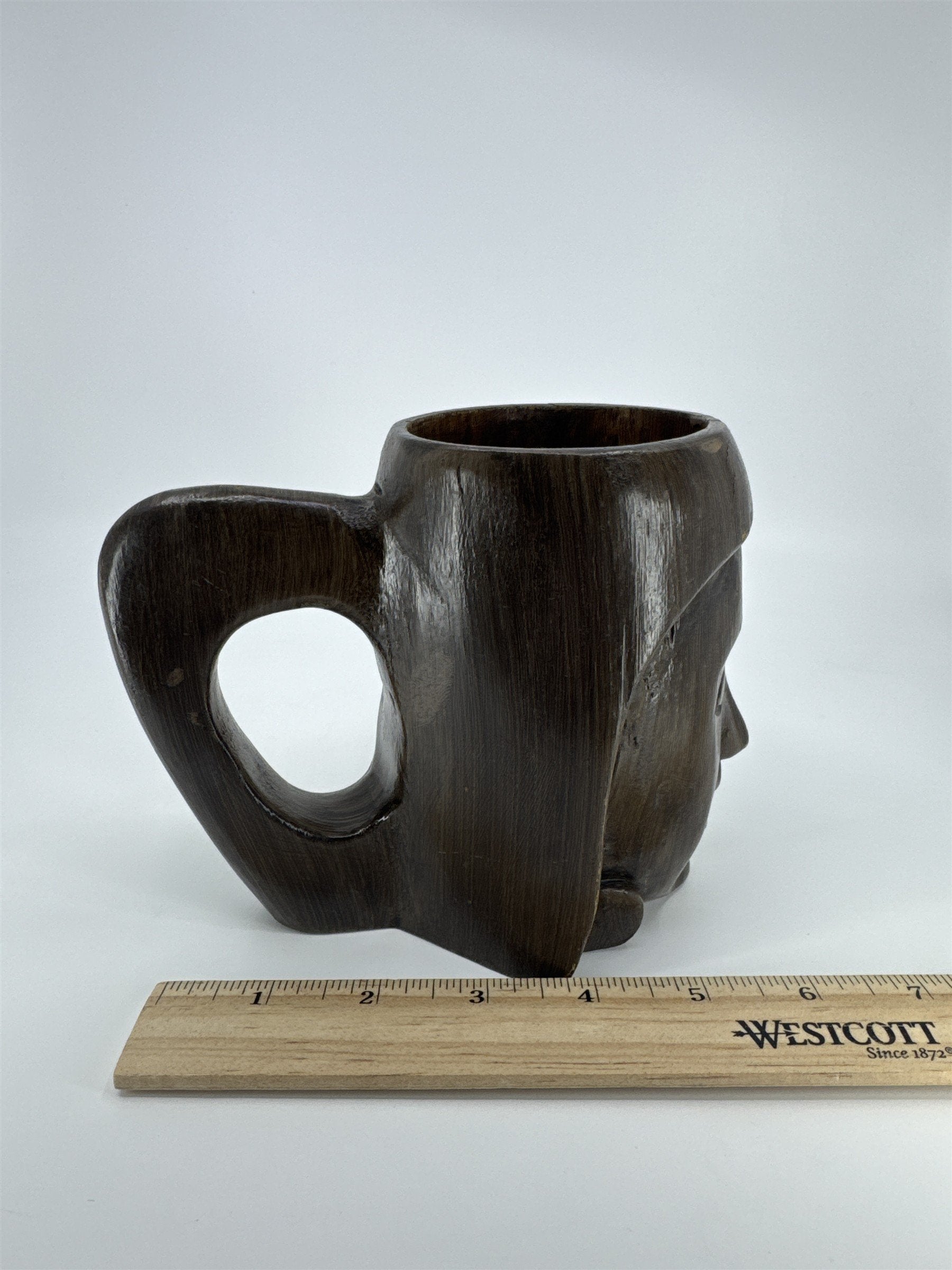 Vintage Wood Carved Tiki Face Coffee Mug Drinking Cup
