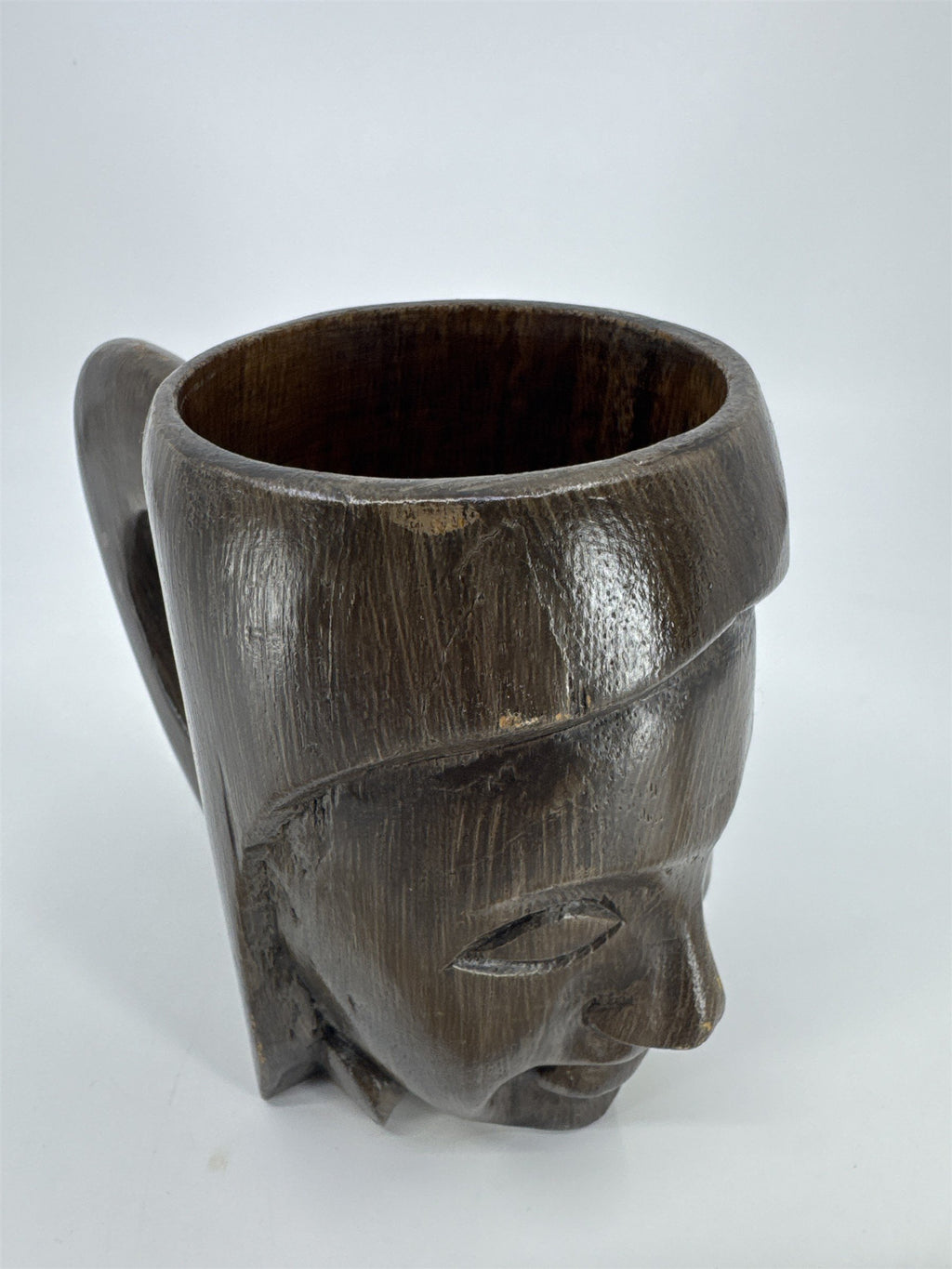 Vintage Wood Carved Tiki Face Coffee Mug Drinking Cup