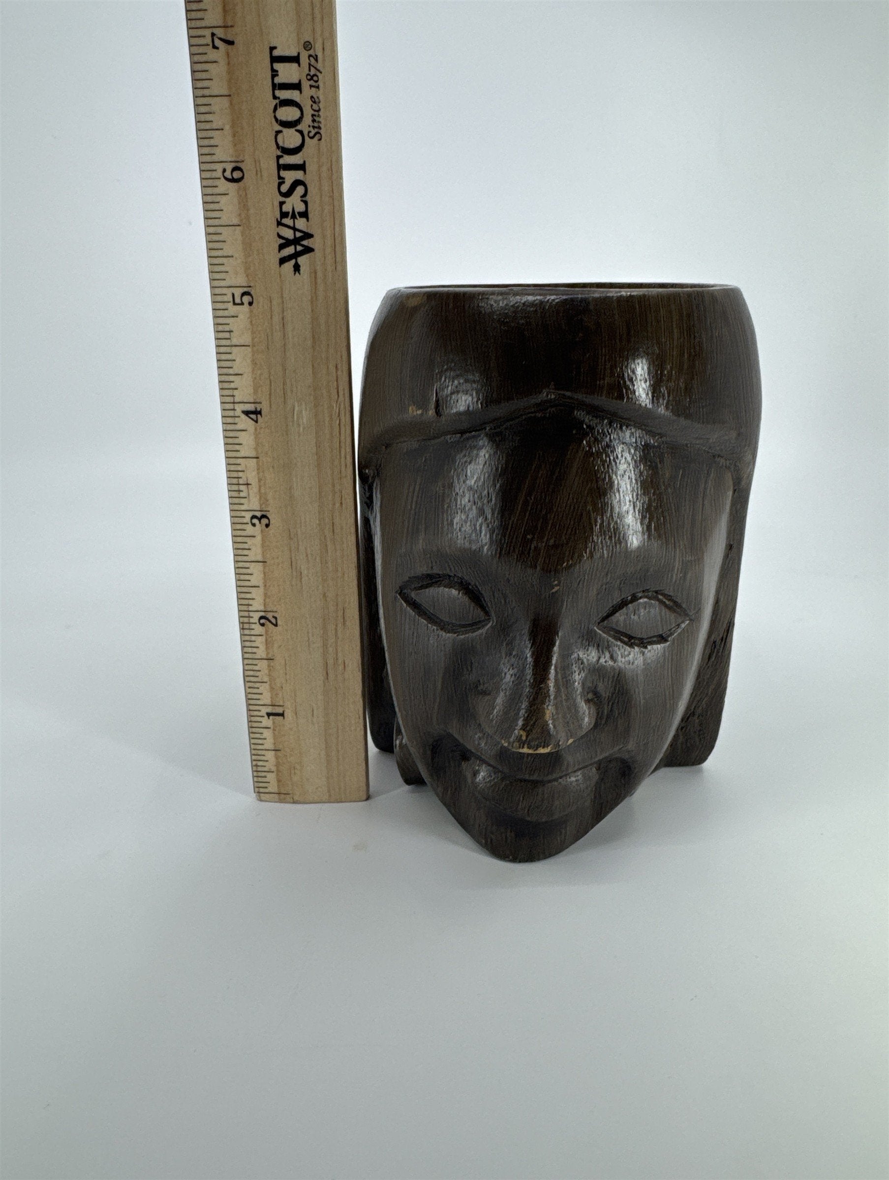 Vintage Wood Carved Tiki Face Coffee Mug Drinking Cup