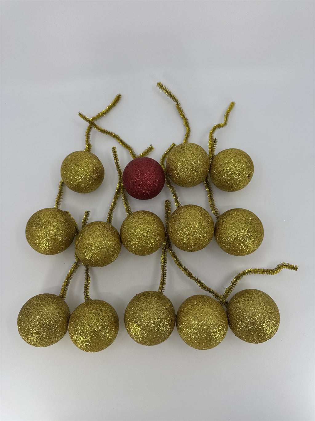 Set Of 14 Vintage Glitter Styrofoam Ornaments W/ Wire Tinsel Hangers Gold/Red