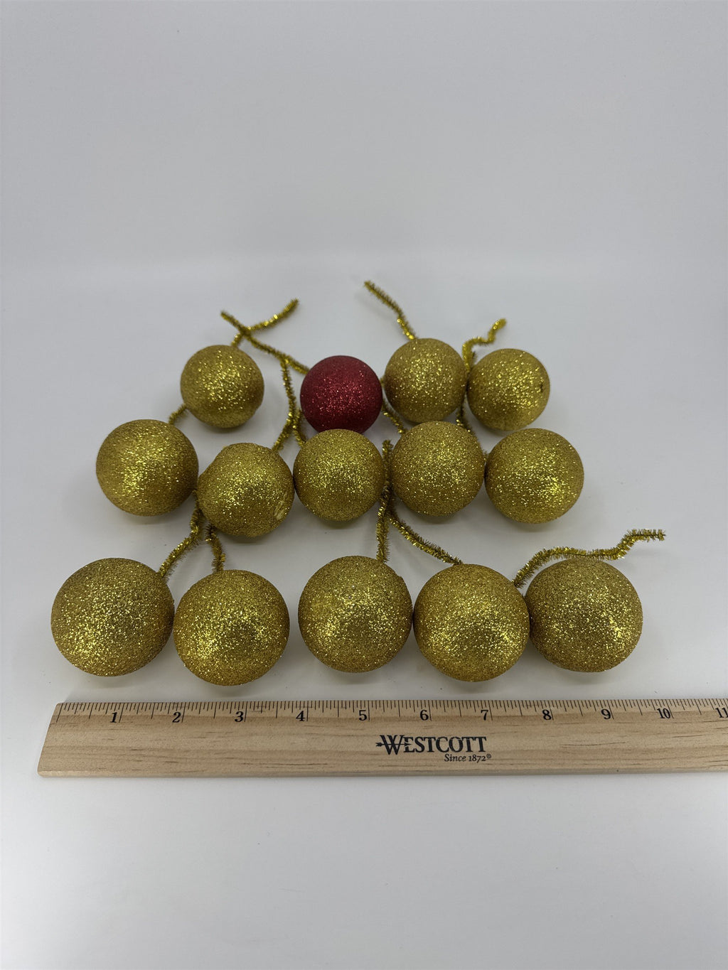 Set Of 14 Vintage Glitter Styrofoam Ornaments W/ Wire Tinsel Hangers Gold/Red