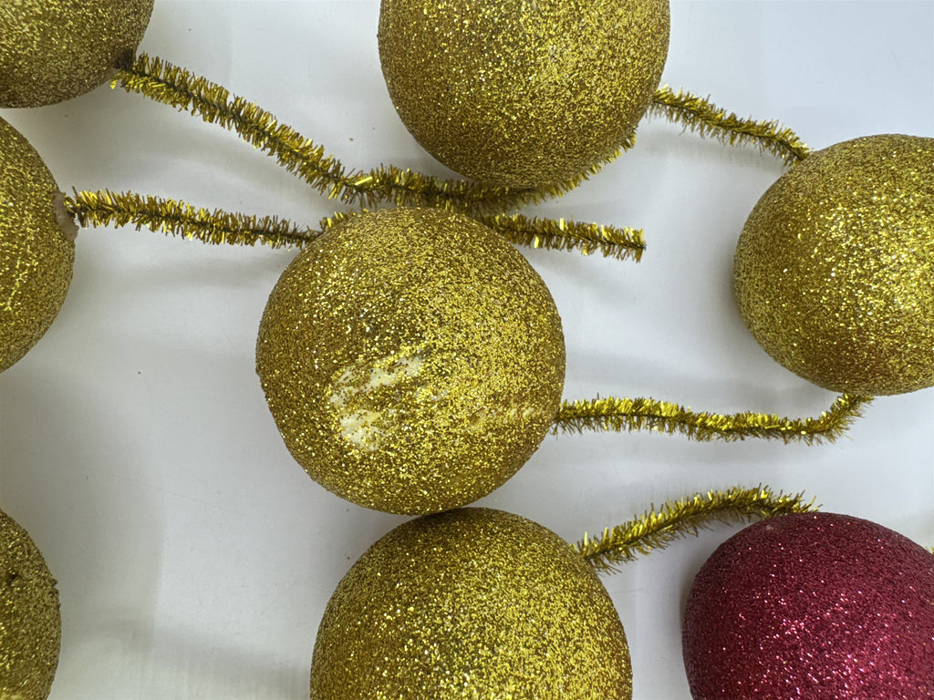 Set Of 14 Vintage Glitter Styrofoam Ornaments W/ Wire Tinsel Hangers Gold/Red