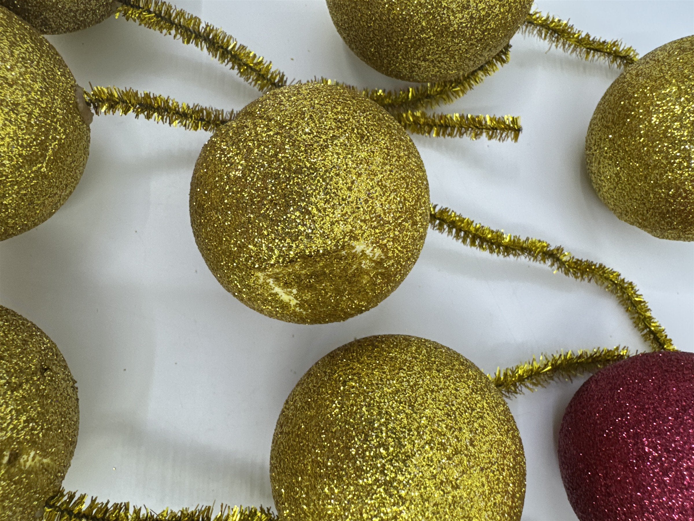 Set Of 14 Vintage Glitter Styrofoam Ornaments W/ Wire Tinsel Hangers Gold/Red
