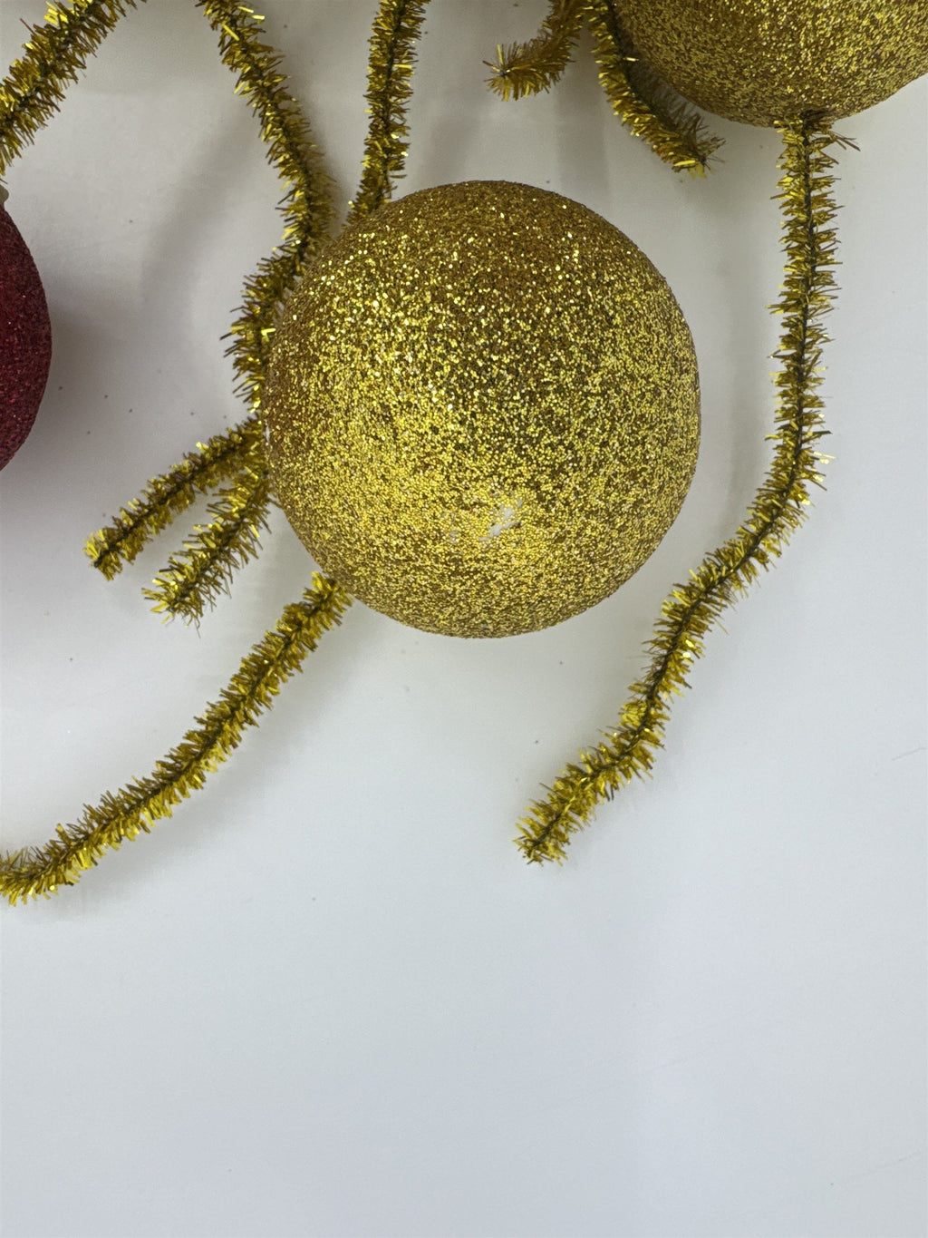 Set Of 14 Vintage Glitter Styrofoam Ornaments W/ Wire Tinsel Hangers Gold/Red