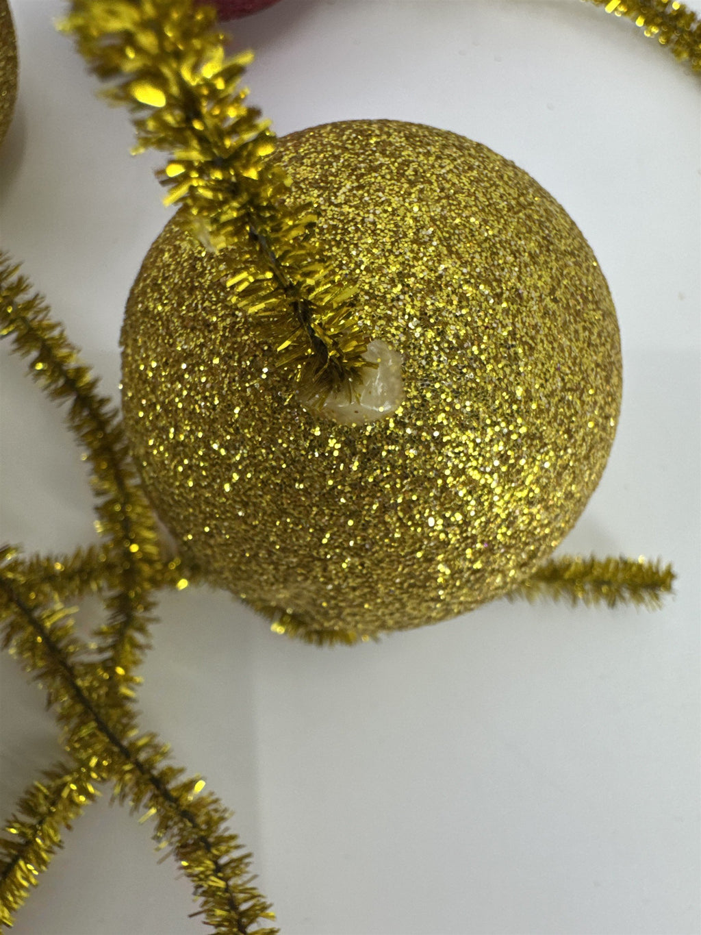 Set Of 14 Vintage Glitter Styrofoam Ornaments W/ Wire Tinsel Hangers Gold/Red