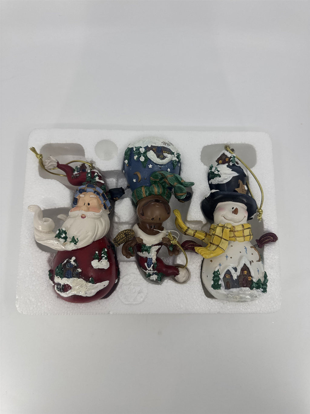 Home Interiors Set Of Three "Let's Celebrate" Ornaments Santa/Snowman/Moose