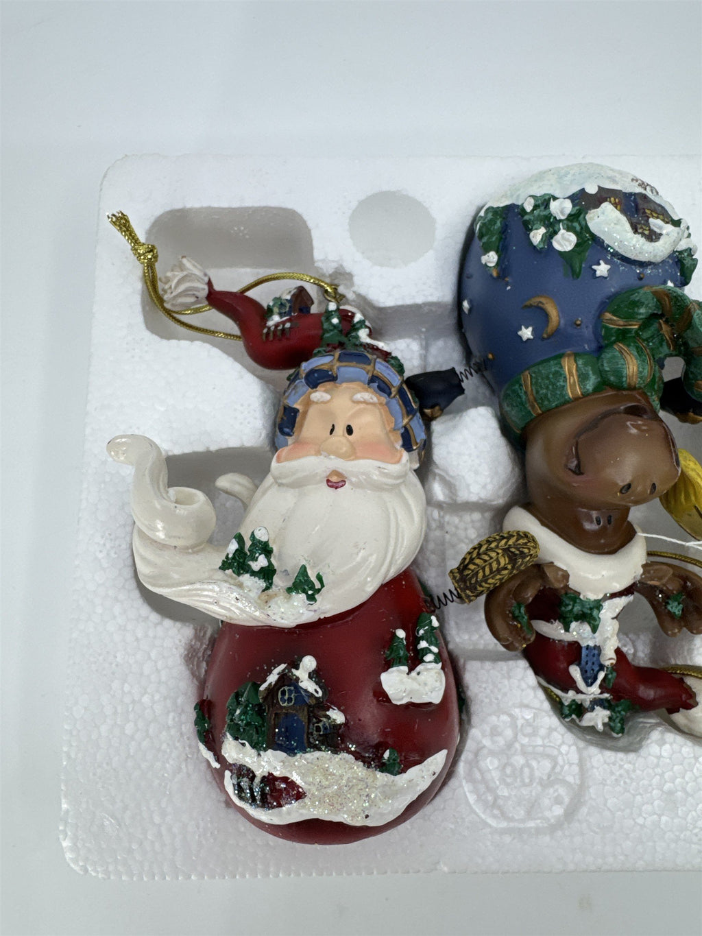 Home Interiors Set Of Three "Let's Celebrate" Ornaments Santa/Snowman/Moose
