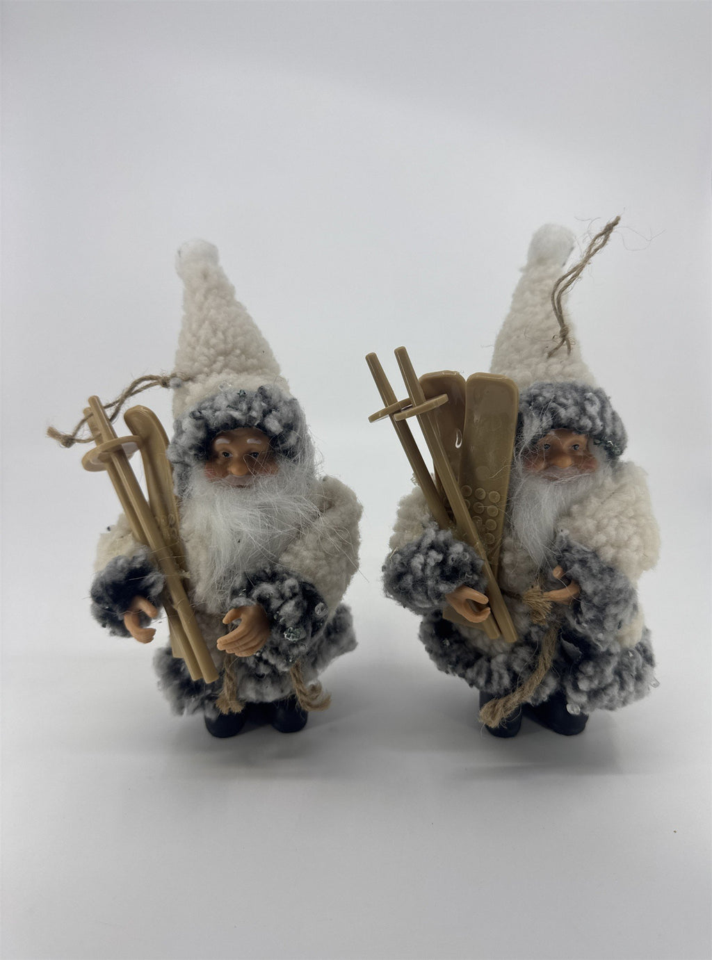 Set Of Two Vintage Skiing Santa Claus Ornaments W/ Grey And White Jackets