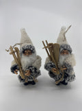 Set Of Two Vintage Skiing Santa Claus Ornaments W/ Grey And White Jackets