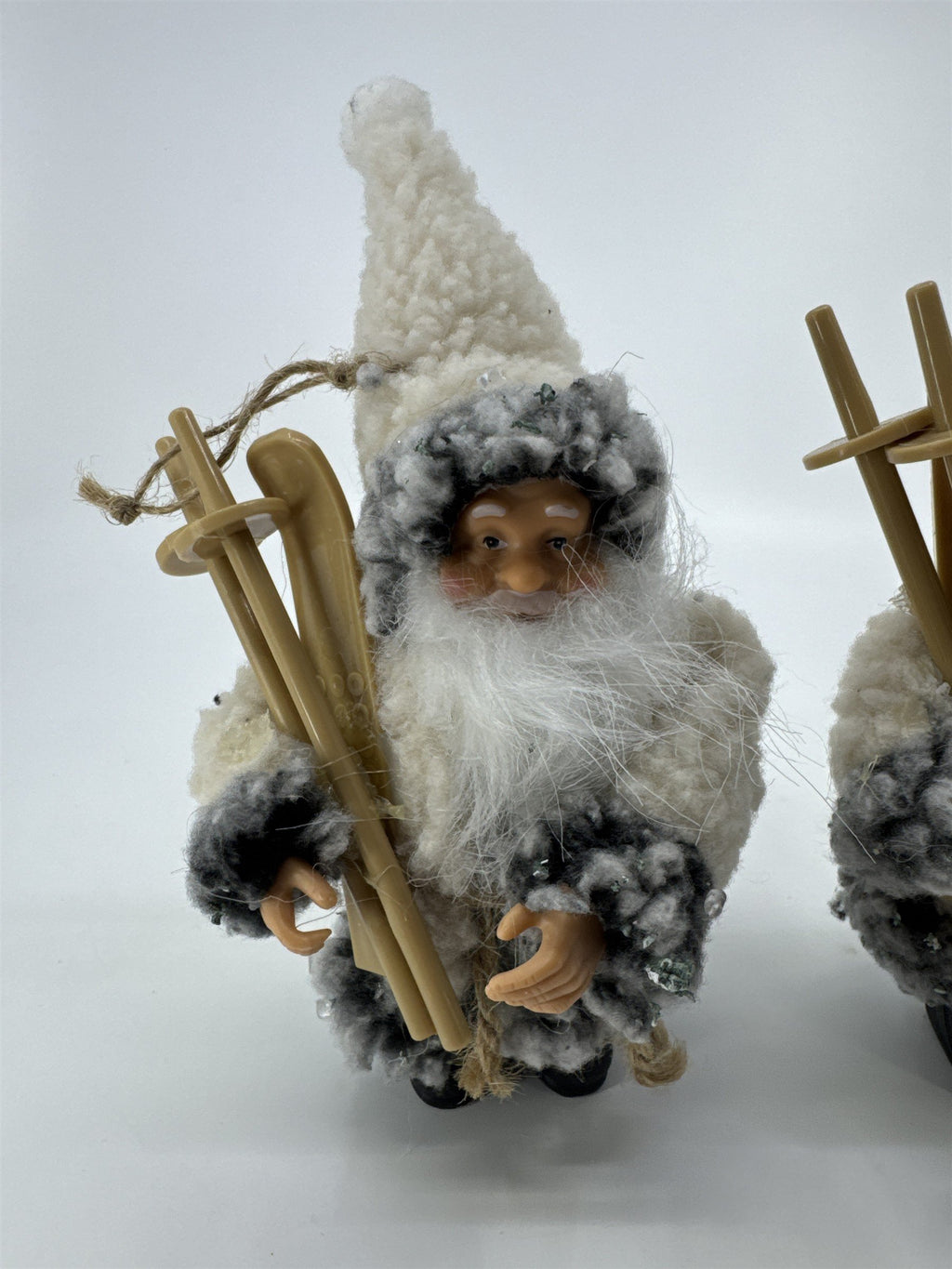 Set Of Two Vintage Skiing Santa Claus Ornaments W/ Grey And White Jackets