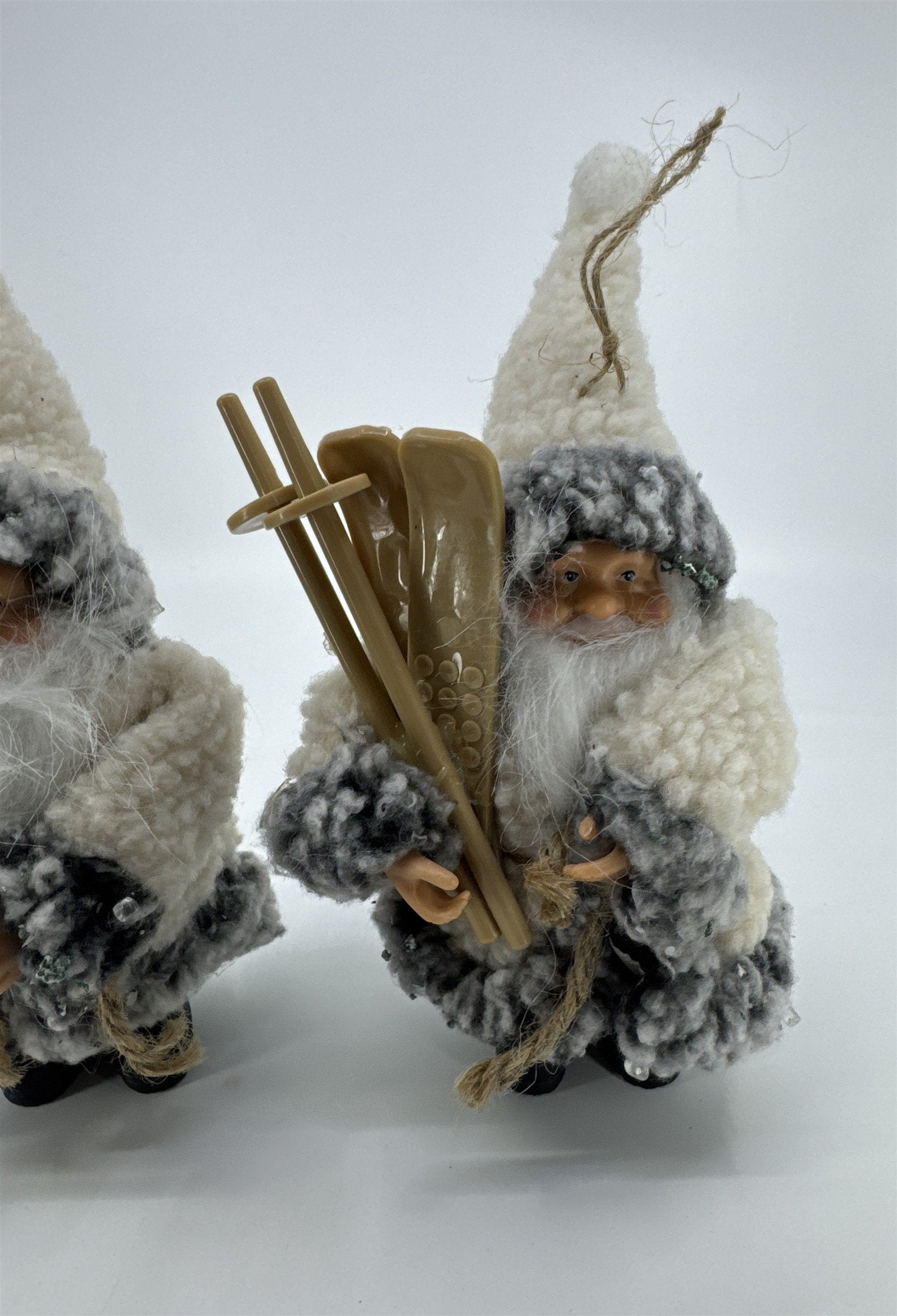 Set Of Two Vintage Skiing Santa Claus Ornaments W/ Grey And White Jackets