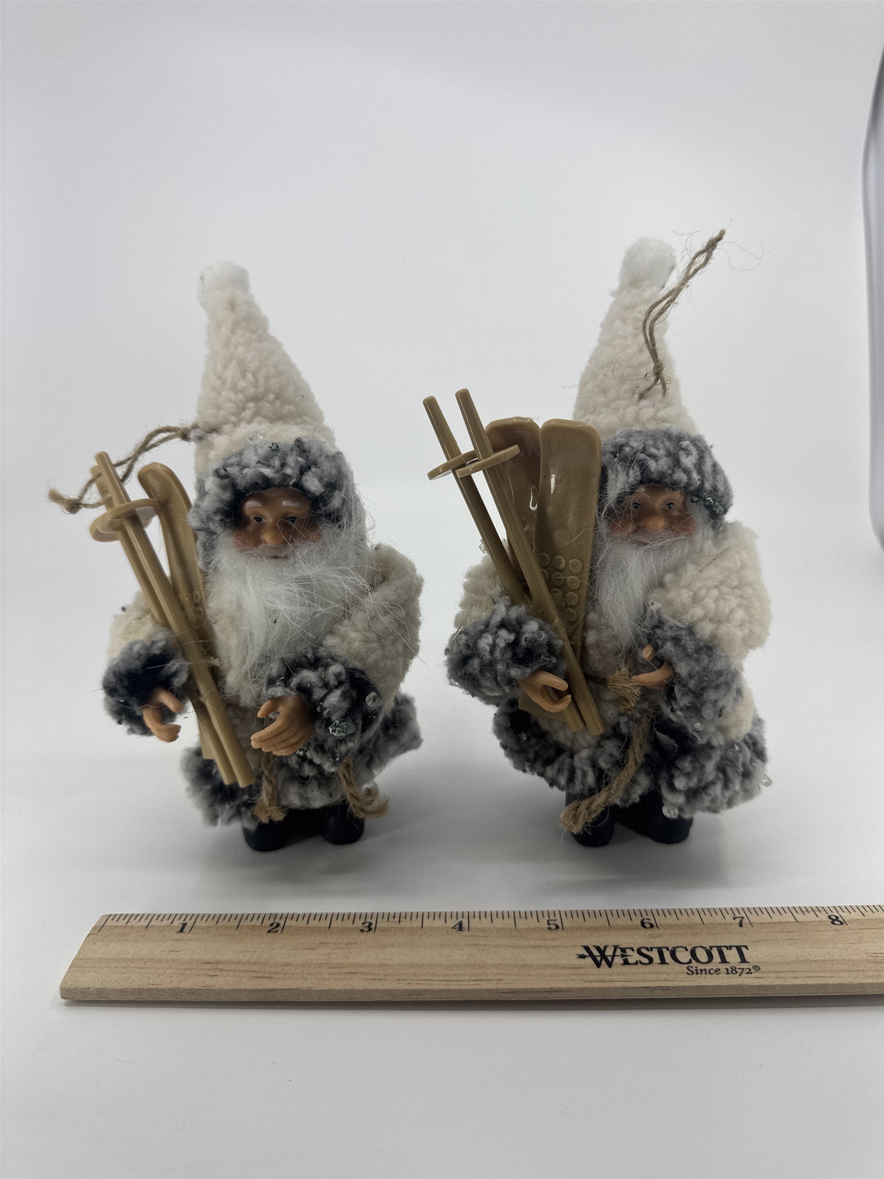 Set Of Two Vintage Skiing Santa Claus Ornaments W/ Grey And White Jackets