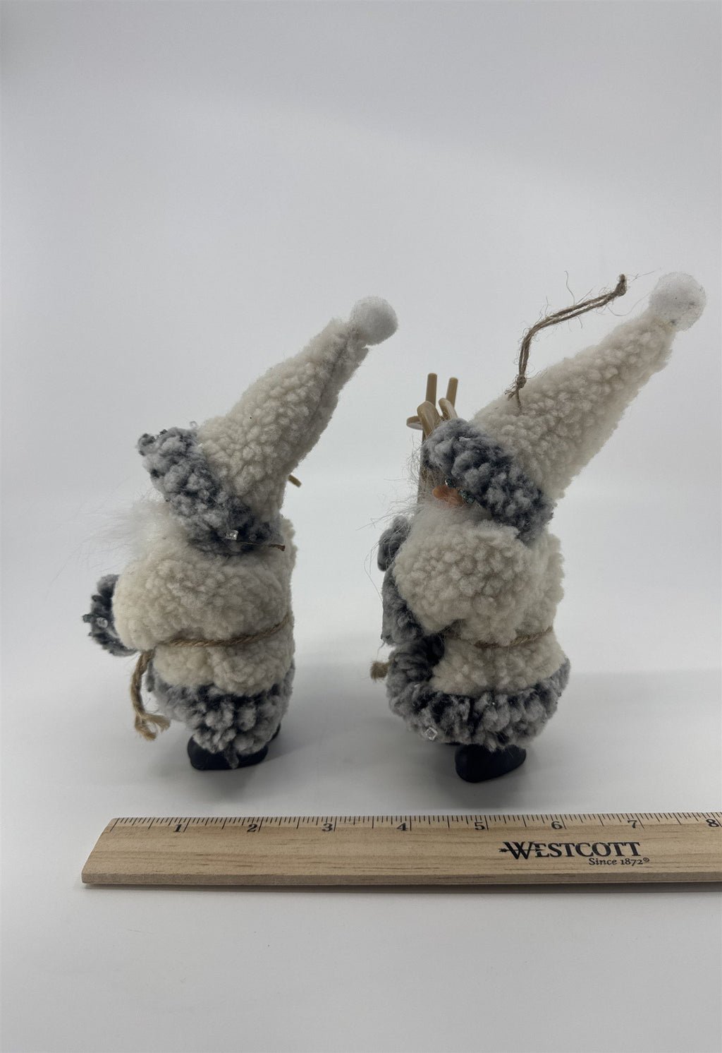Set Of Two Vintage Skiing Santa Claus Ornaments W/ Grey And White Jackets