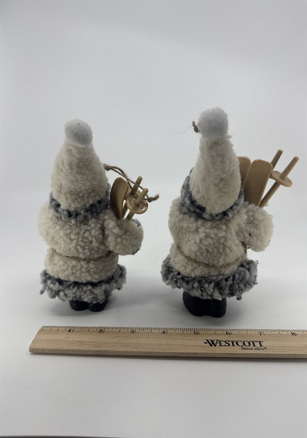 Set Of Two Vintage Skiing Santa Claus Ornaments W/ Grey And White Jackets